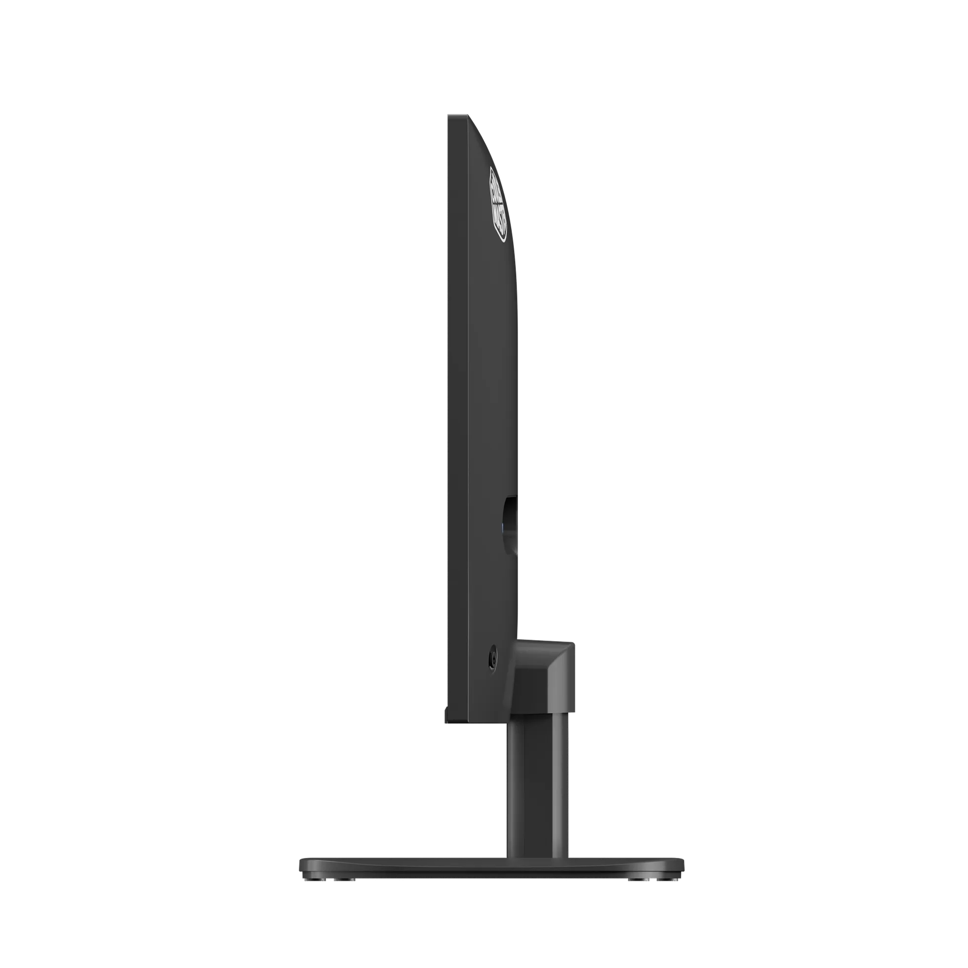 Seitenansicht eines schwarzen Monitors auf einem schwarzen Ständer.