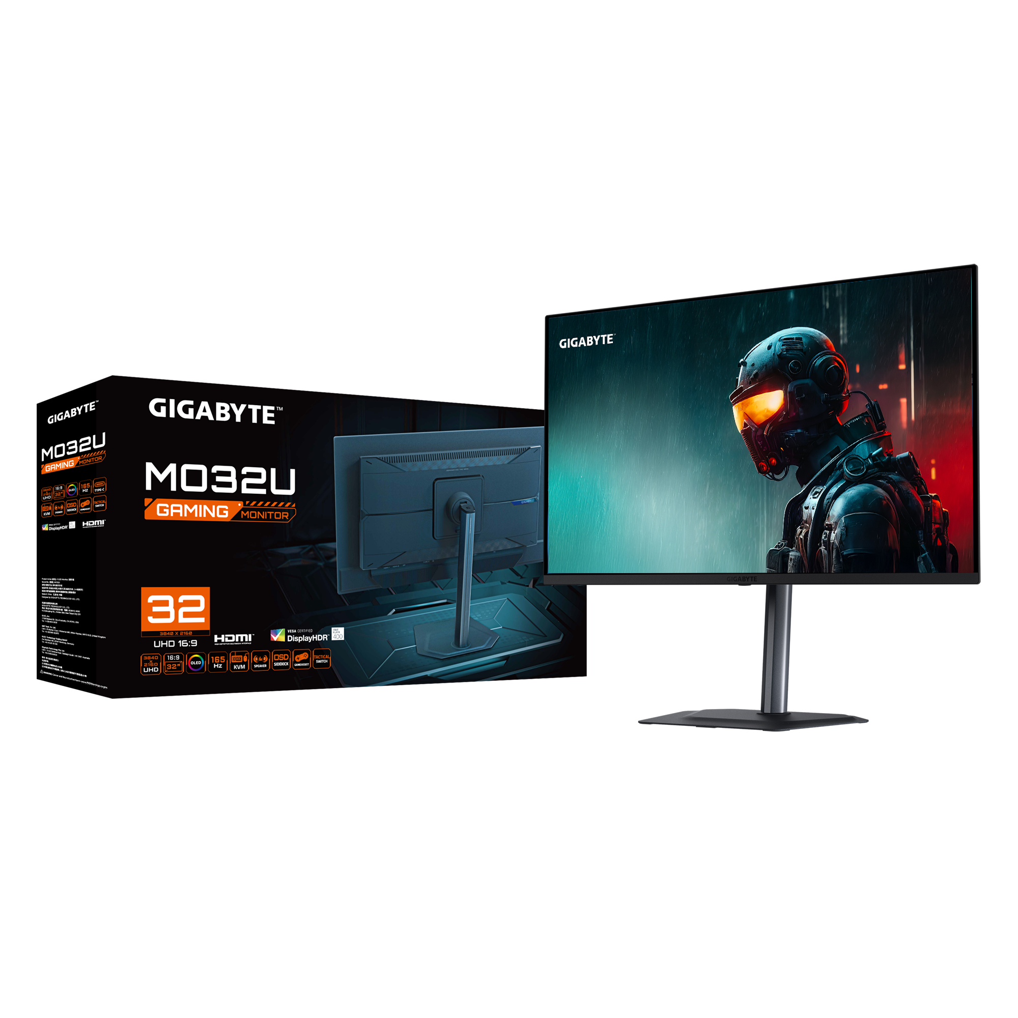 Monitor gamingowy Gigabyte w studio, z pudełkiem i wizerunkiem gracza.