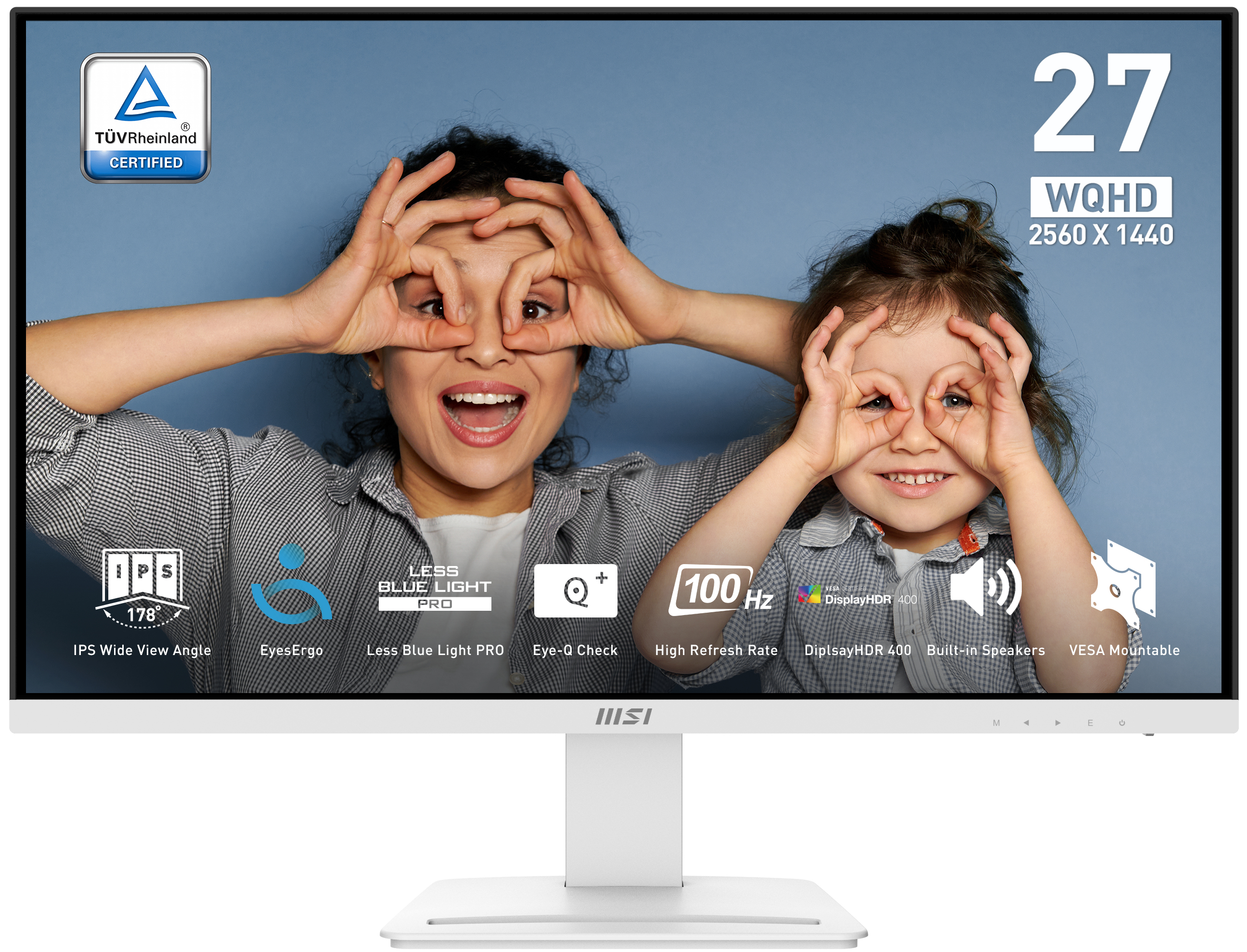 Un monitor blanco con soporte blanco, mostrando una pantalla con una mujer y un niño haciendo círculos.