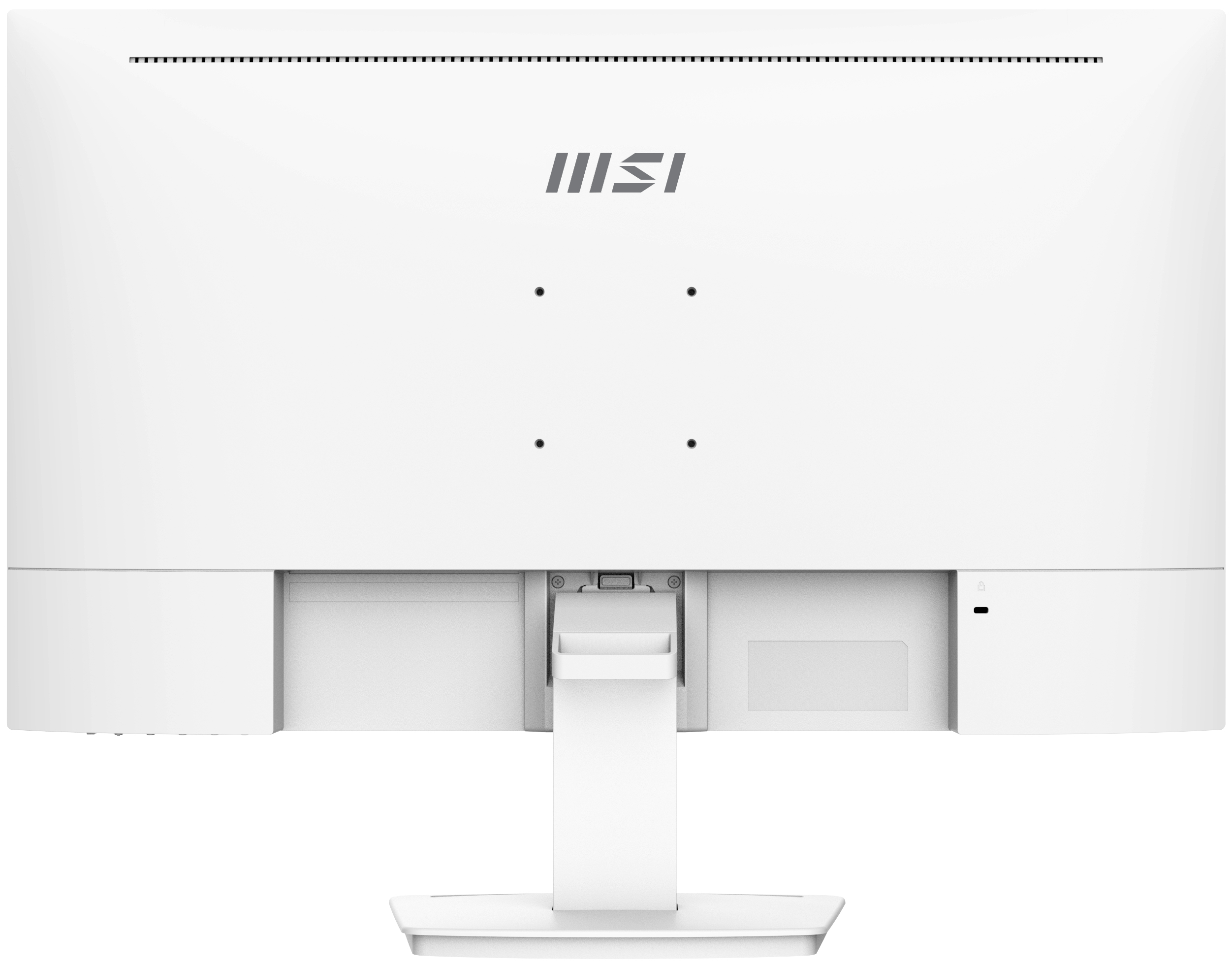 Parte trasera de monitor blanco. Muestra el logotipo de MSI, puertos y un soporte.