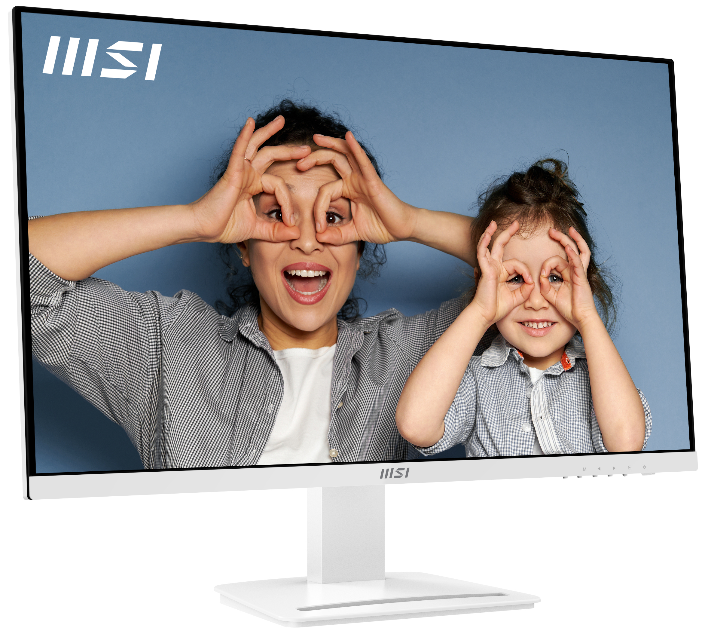 Monitor MSI blanco mostrando a madre e hijo haciendo gestos con los ojos.