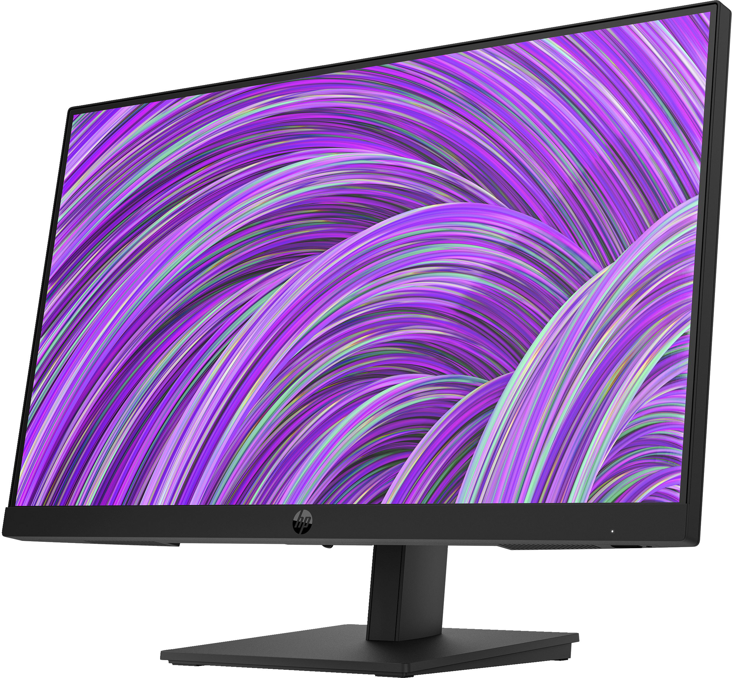 Un monitor HP muestra un diseño abstracto morado y blanco.