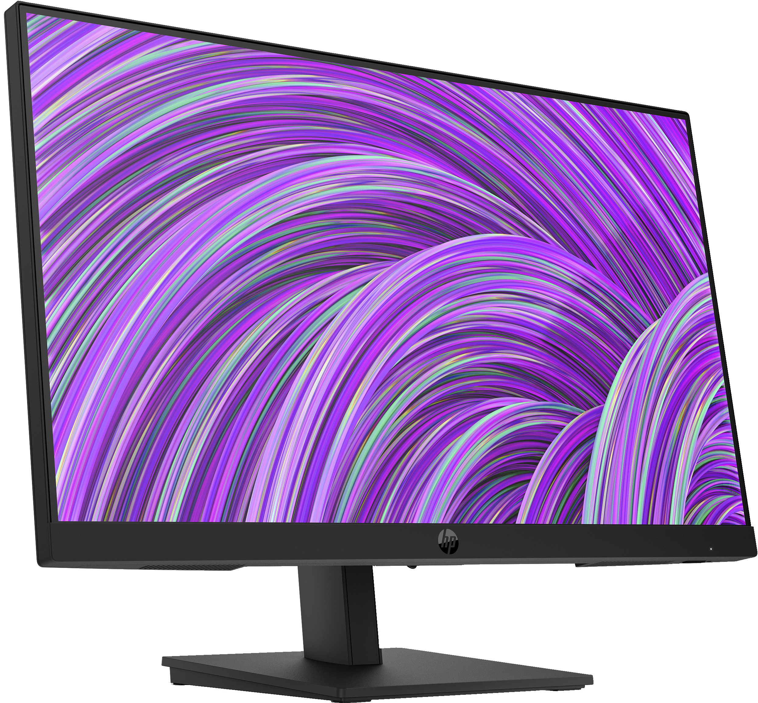 Monitor HP con fondo abstracto morado y base negra sobre fondo blanco.