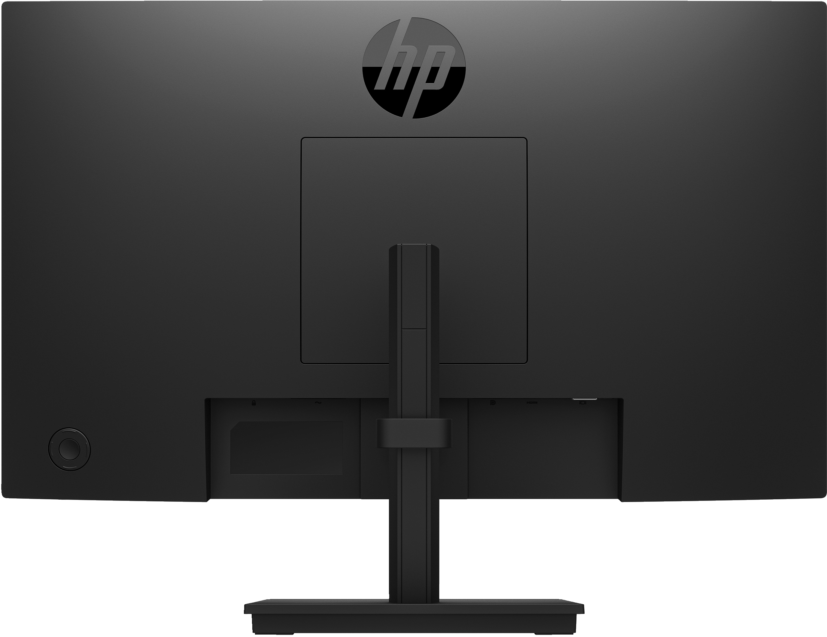 La parte trasera de un monitor HP, mostrando el soporte, el logotipo y los puertos.