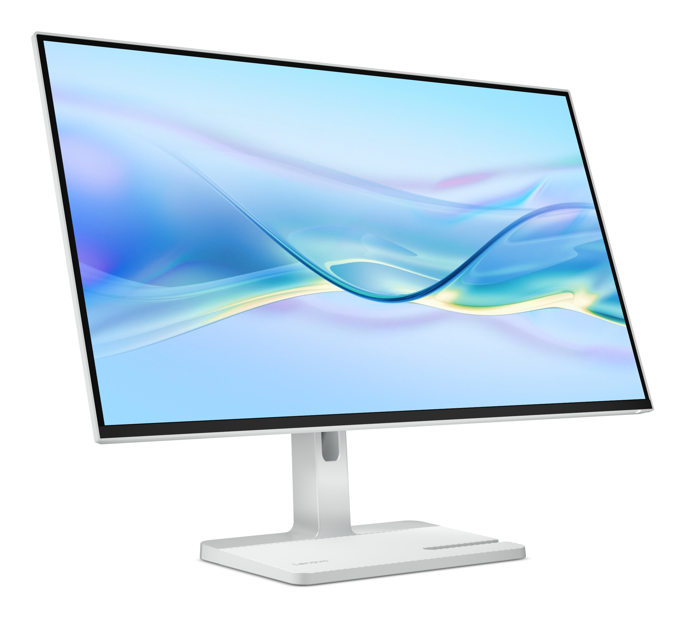 Un monitor bianco con un supporto bianco mostra una sfumatura blu e viola.
