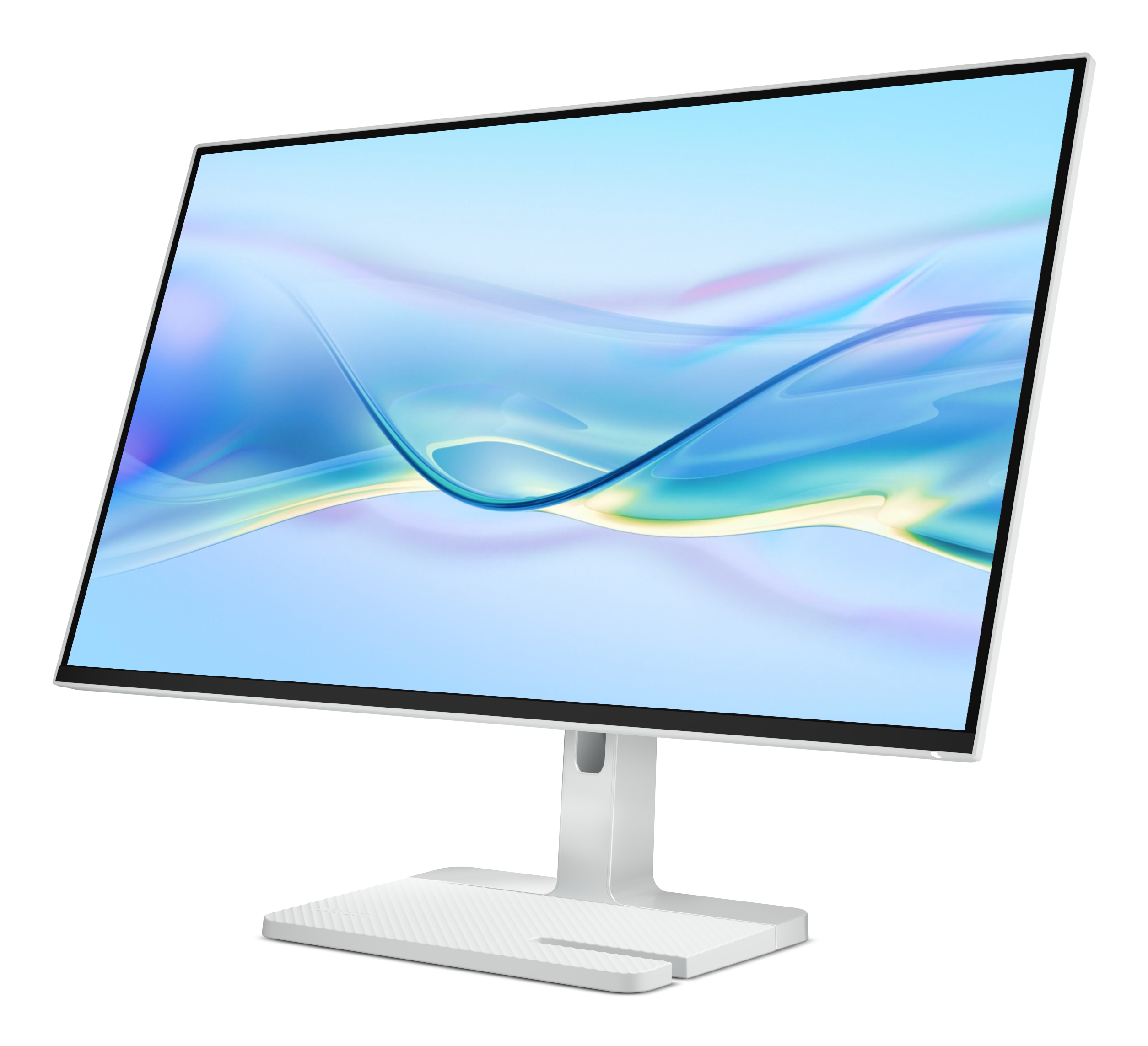 Un monitor bianco con un design astratto blu e bianco sullo schermo, su un supporto bianco.