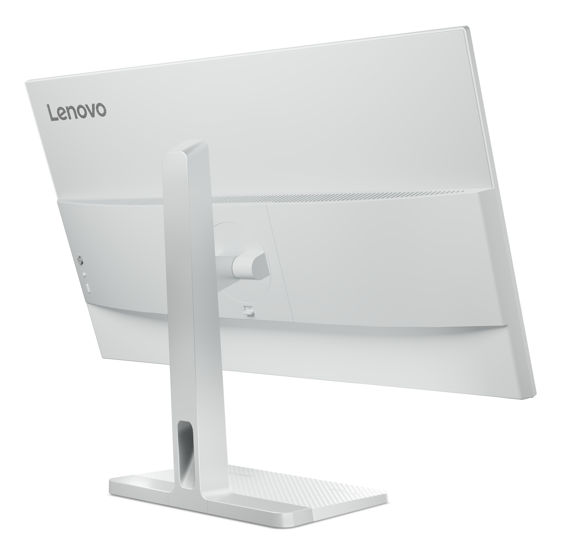 Retro monitor bianco con logo Lenovo. Base e supporto bianchi.