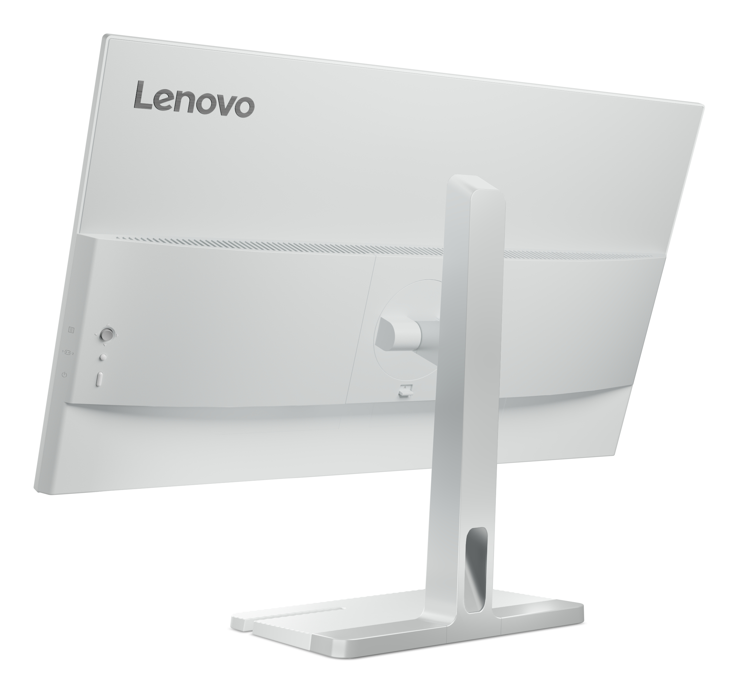 Retro del monitor Lenovo bianco, che mostra il logo e il design del supporto.