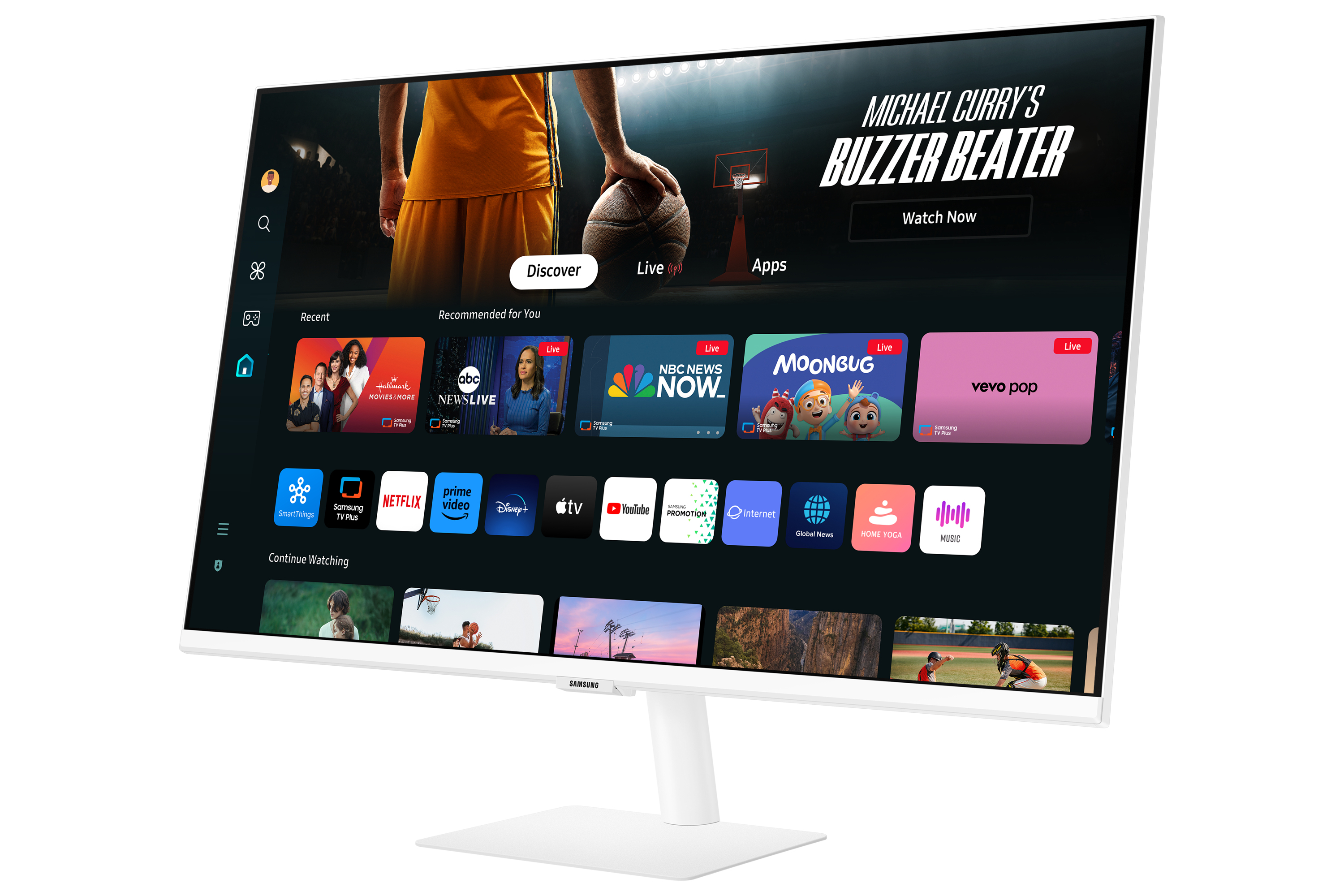 Witte monitor toont een streamingdienst-interface, met app-iconen en een basketbalwedstrijdafbeelding.