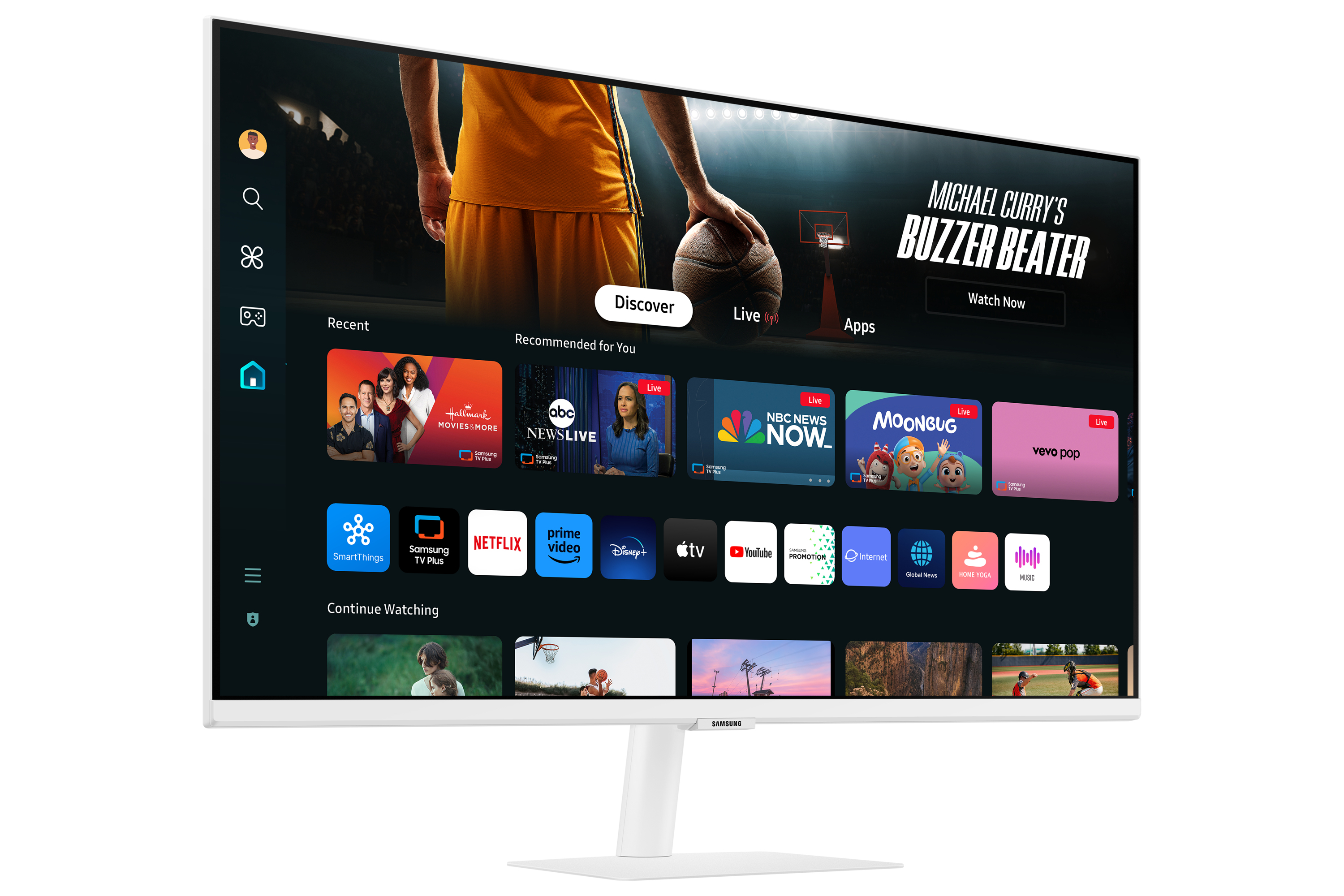 Een witte Samsung-monitor toont een streamingdienstinterface met videominiaturen en opties.
