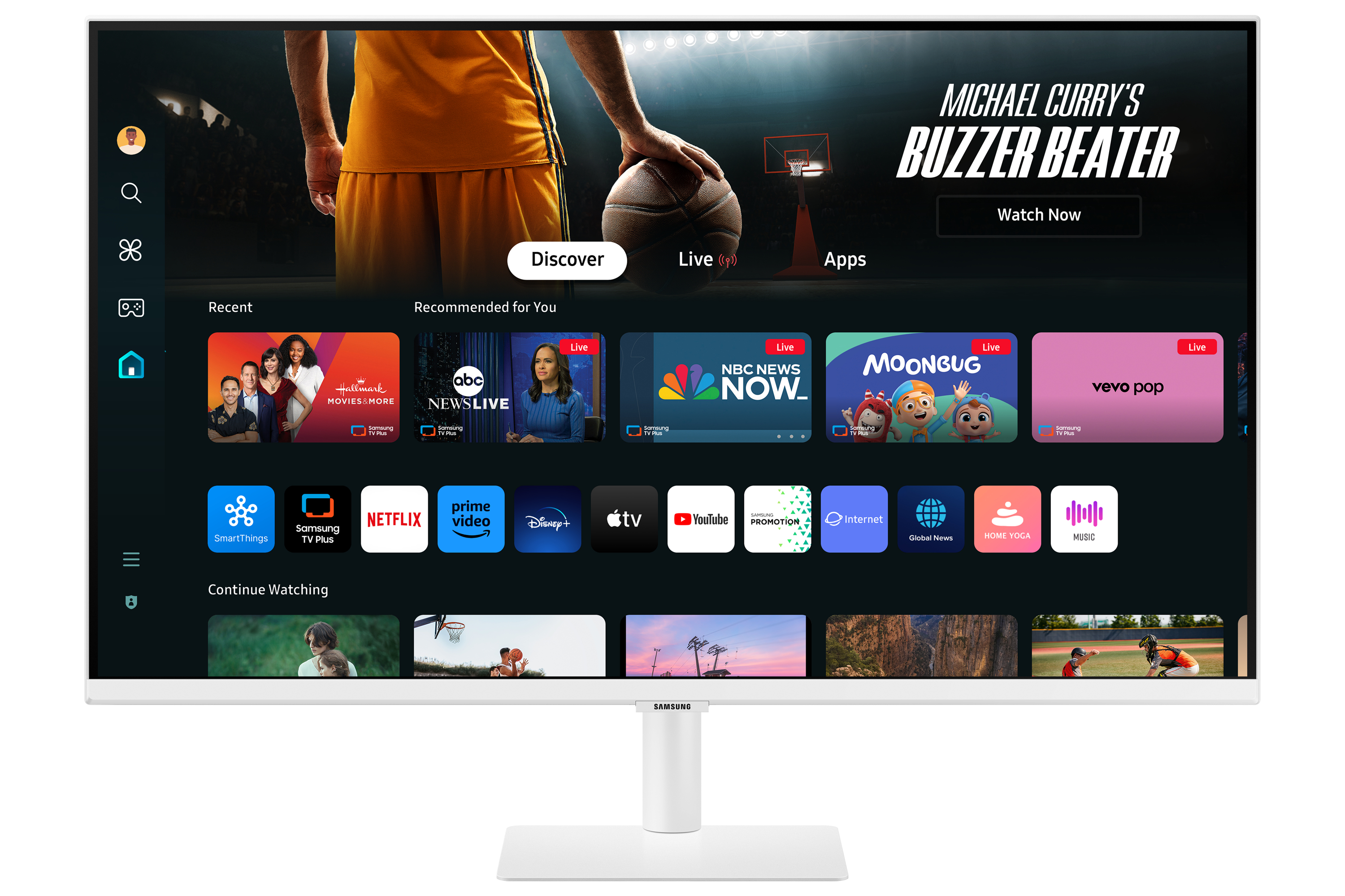 Een witte Samsung Smart Monitor met een scherm met apps en een basketbalwedstrijd.