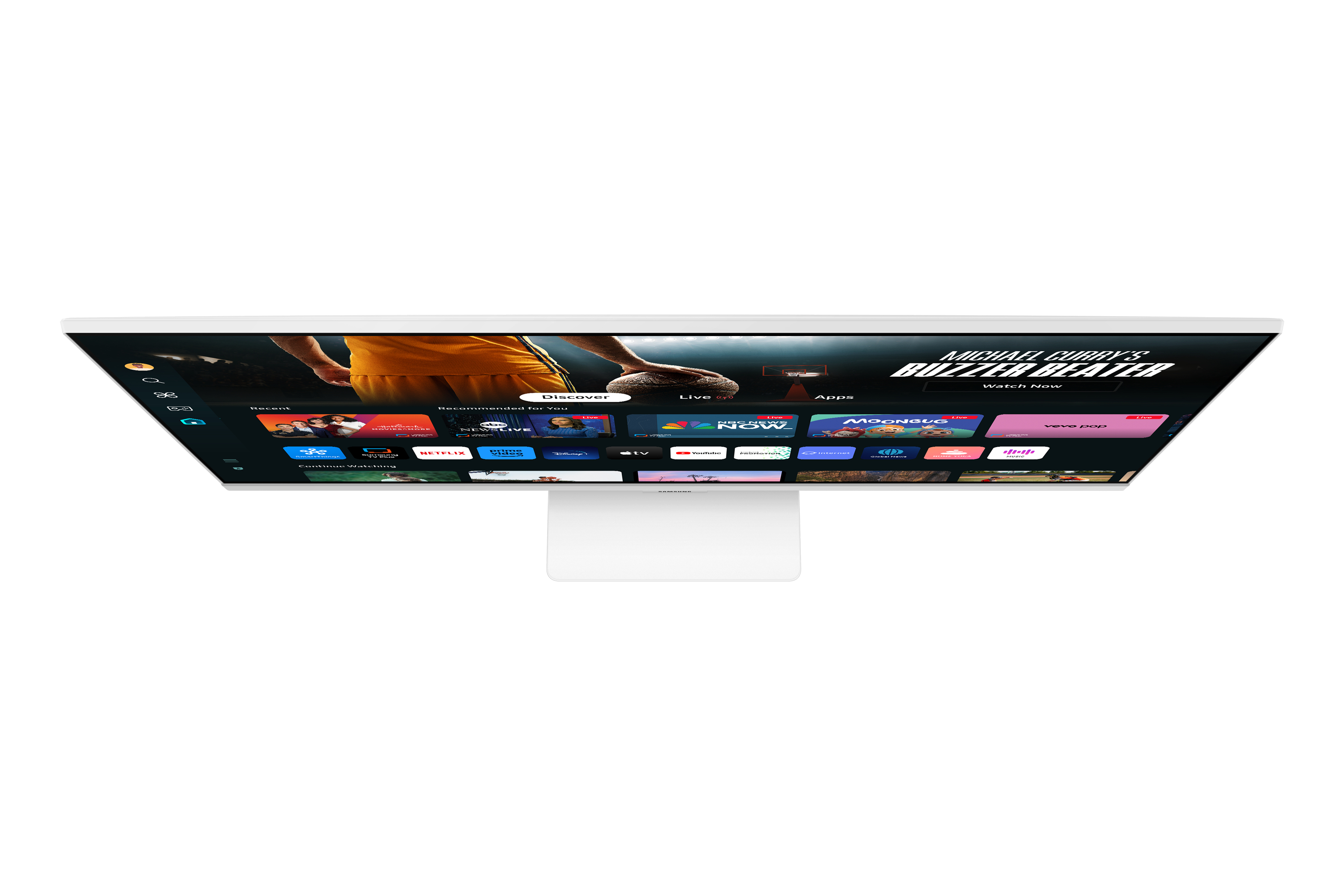 Bovenaanzicht van een witte monitor met een sport-app, witte standaard, witte achtergrond.