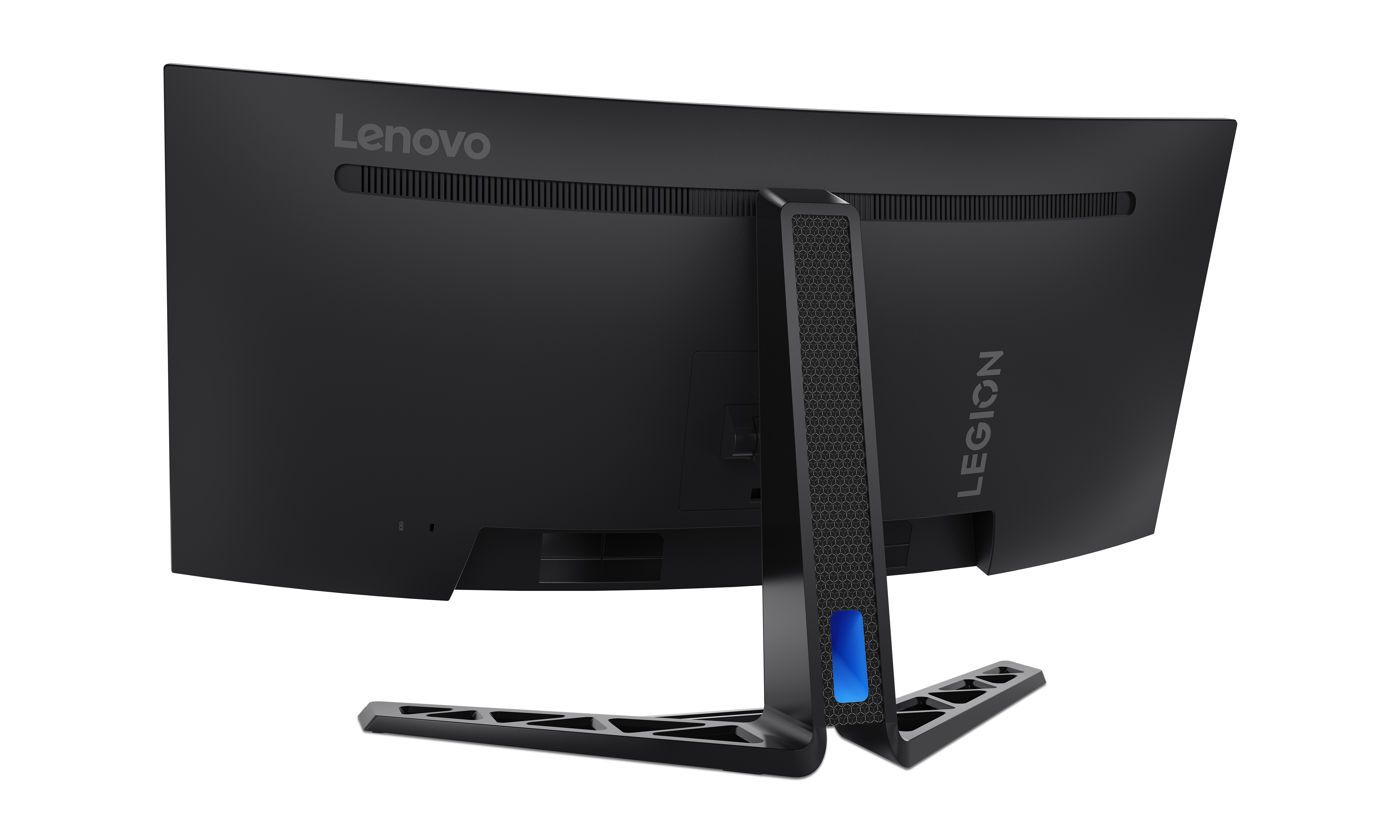 Tył monitora Lenovo Legion. Jest czarny z podstawą i logo.