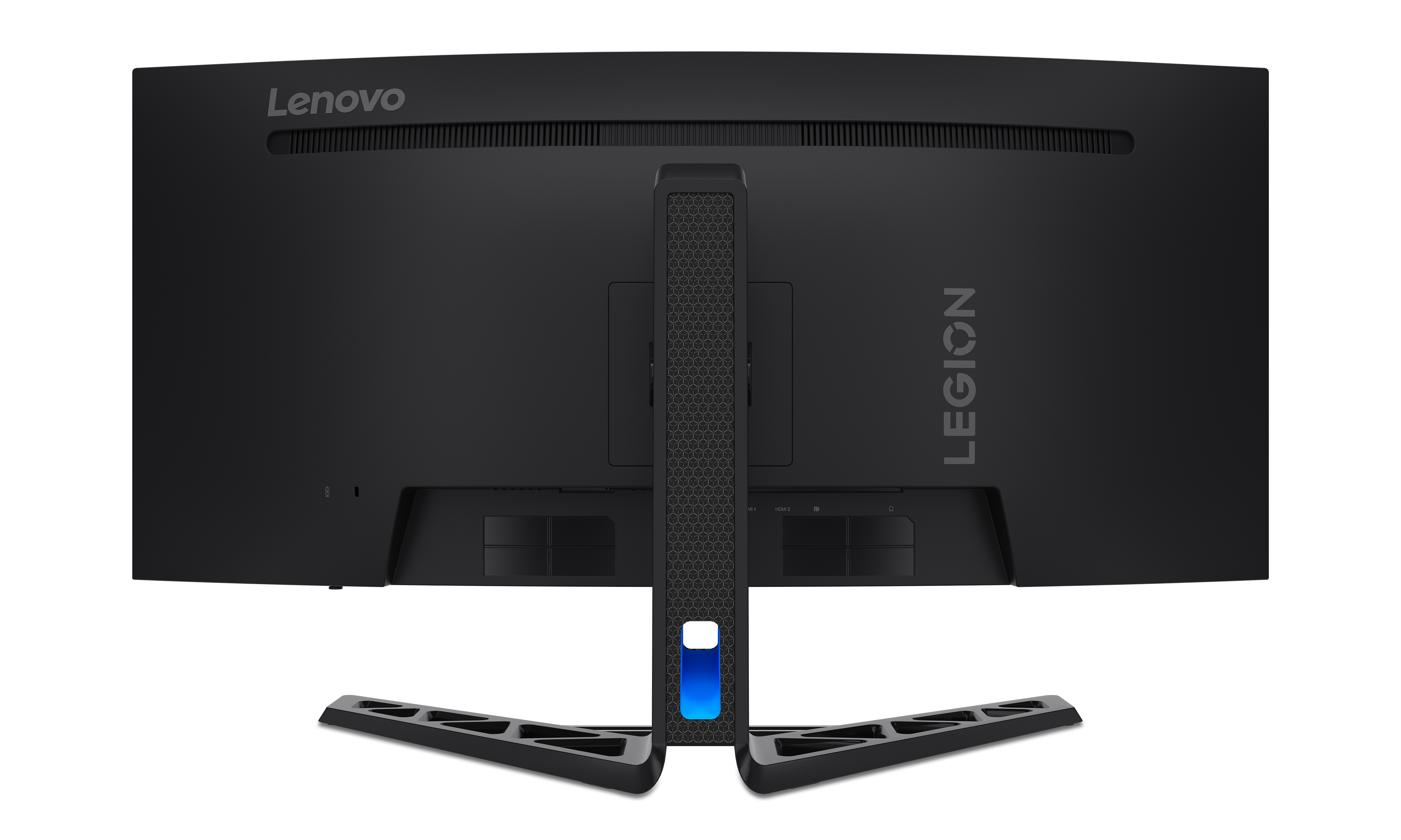 Retro di un monitor Lenovo Legion nero con luce blu sul supporto.