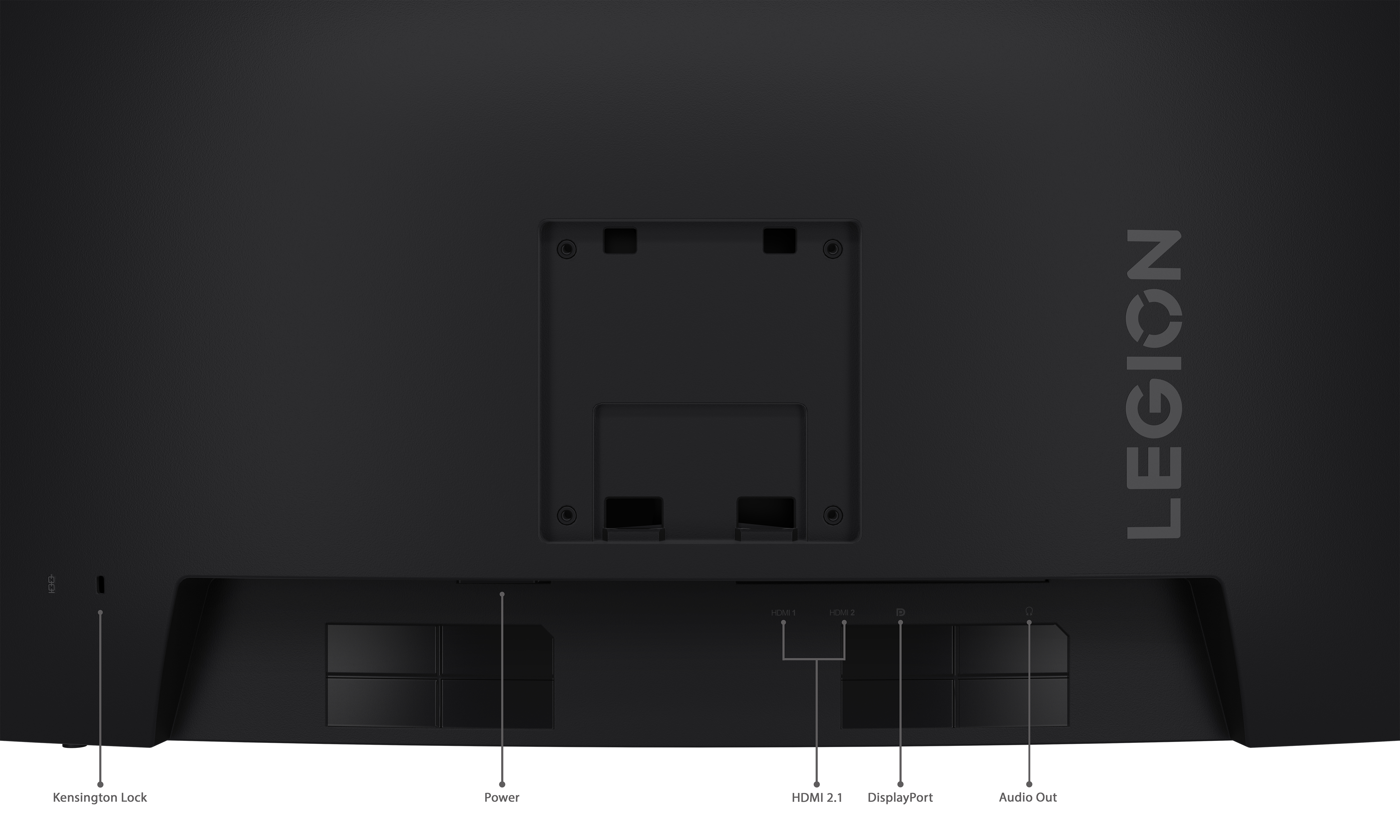 Retro monitor nero con logo Legion, porte: Kensington, alimentazione, HDMI, DisplayPort e uscita audio.