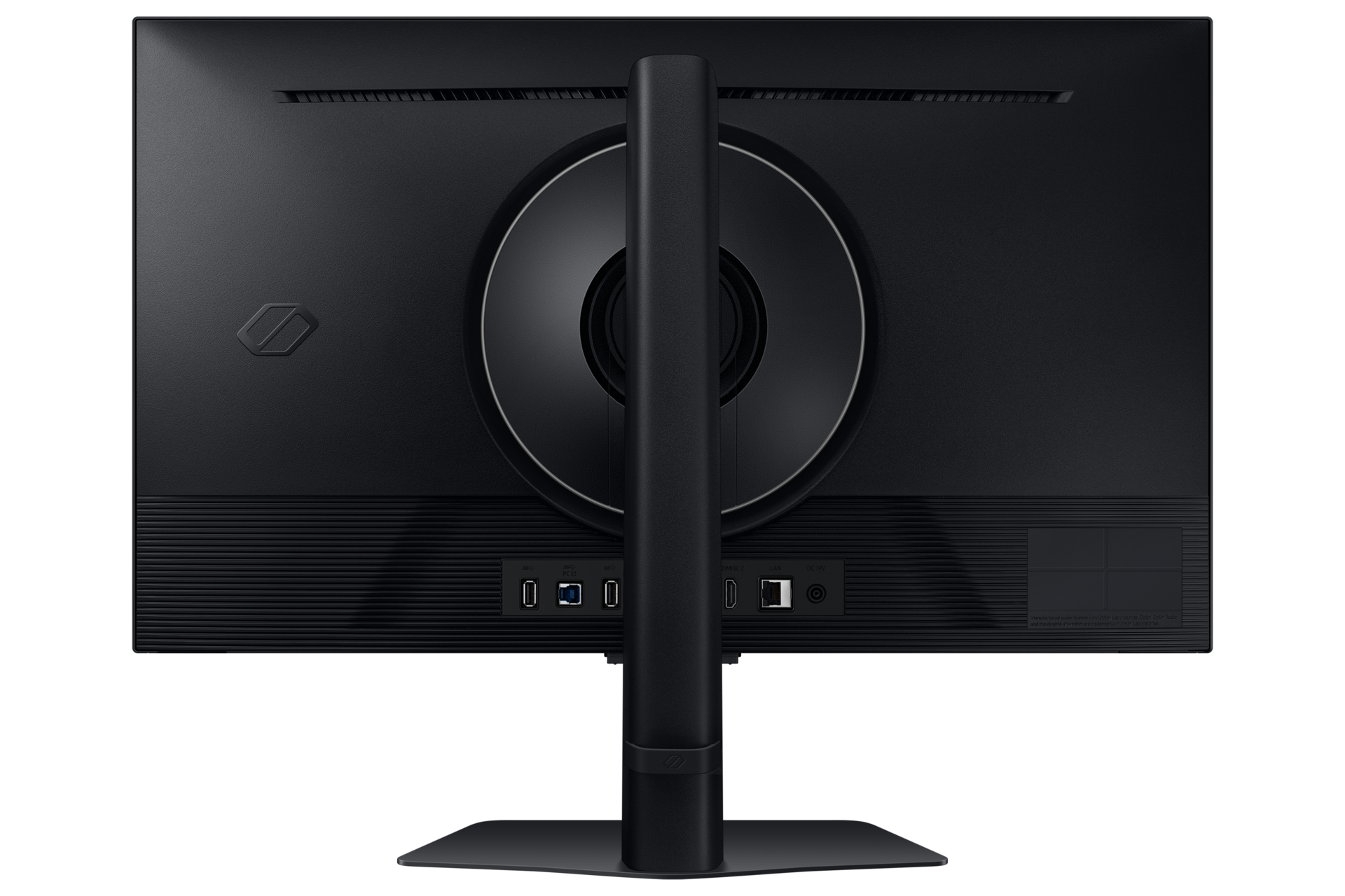 Widok z tyłu czarnego monitora Samsung z portami i podstawą.