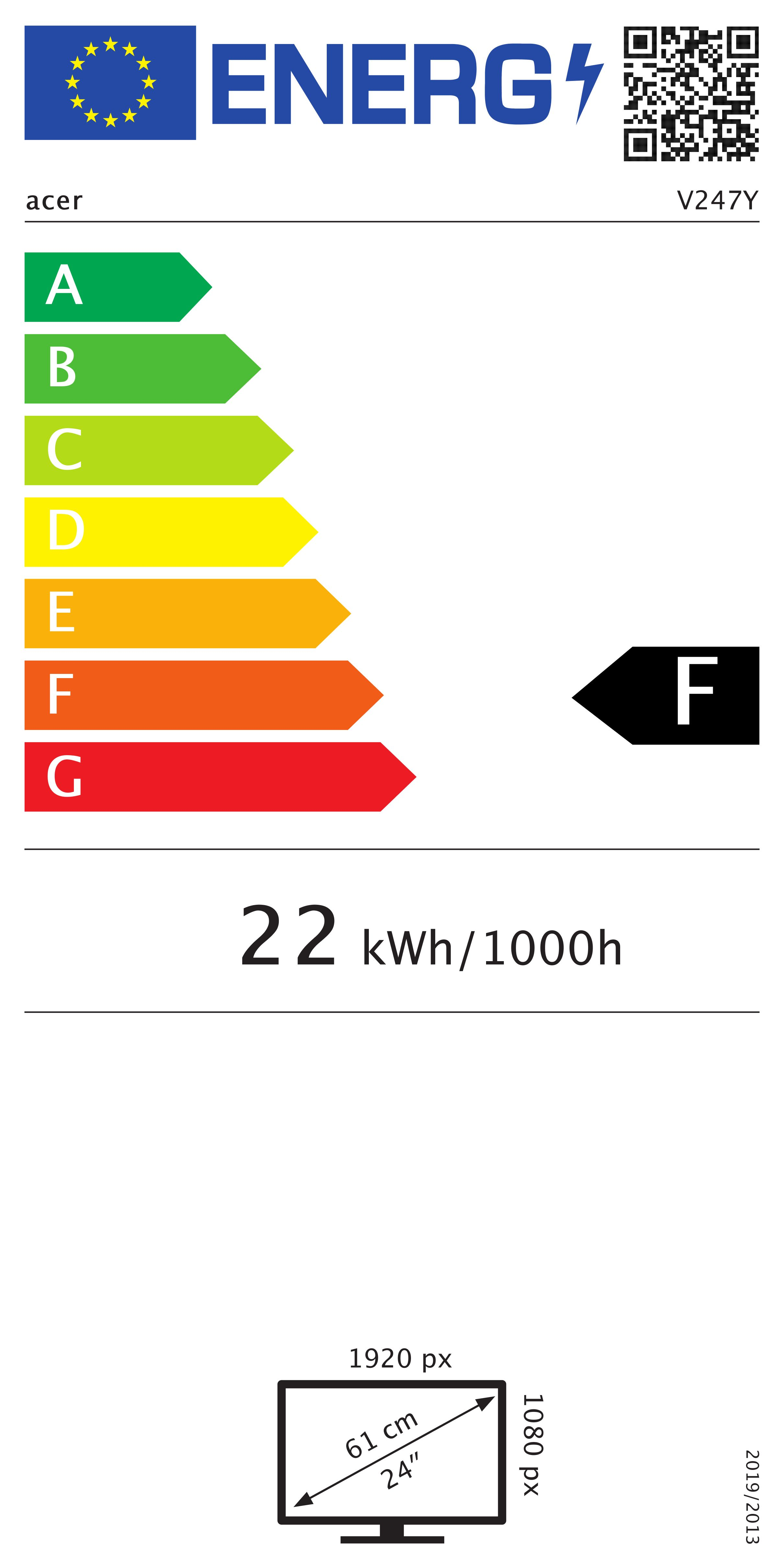 Etichetta energetica che mostra l'efficienza energetica di un monitor, con una classificazione F e un consumo di 22 kWh/1000h.