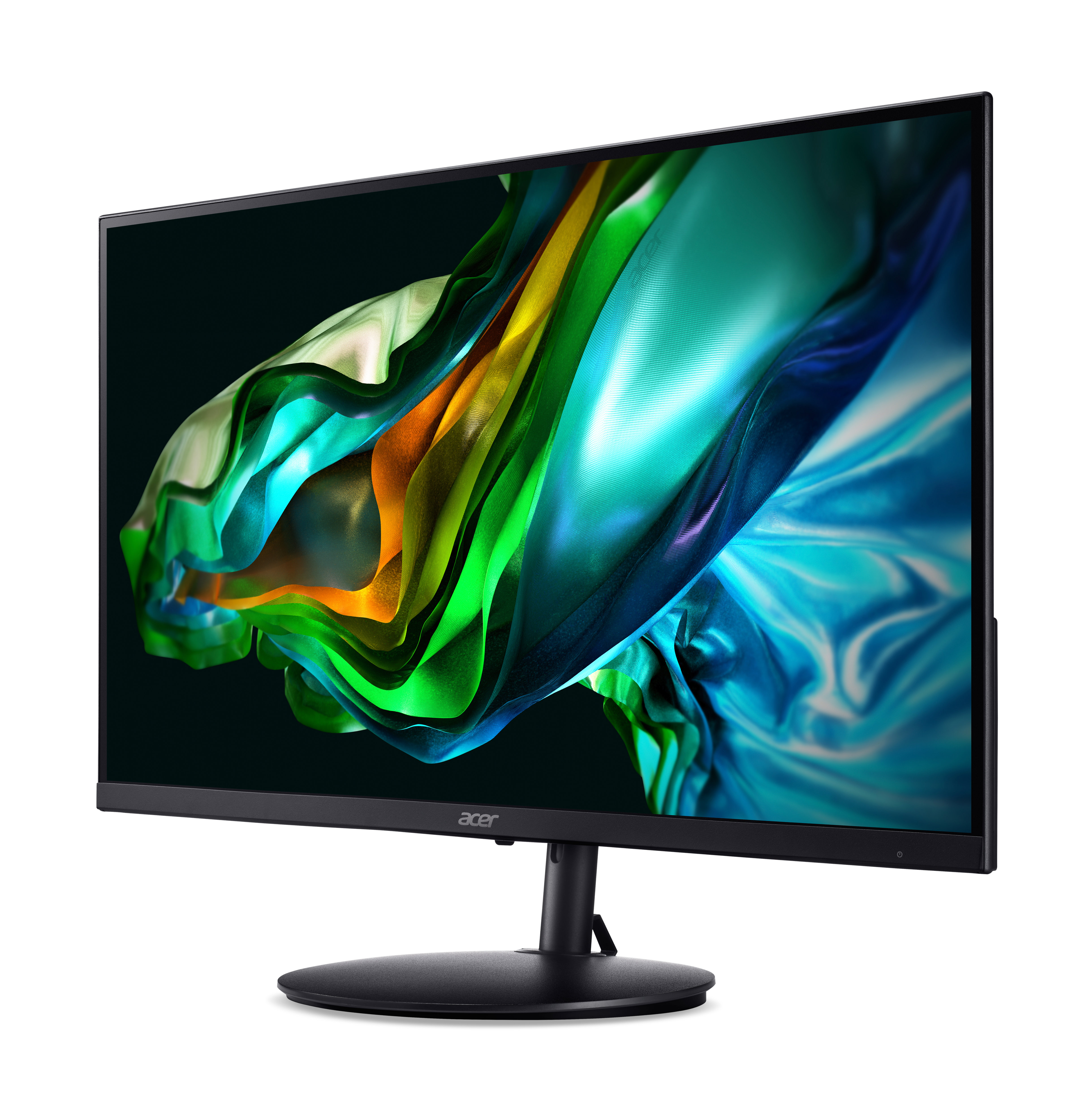 Een zwarte monitor met een kleurrijk abstract patroon op het scherm.