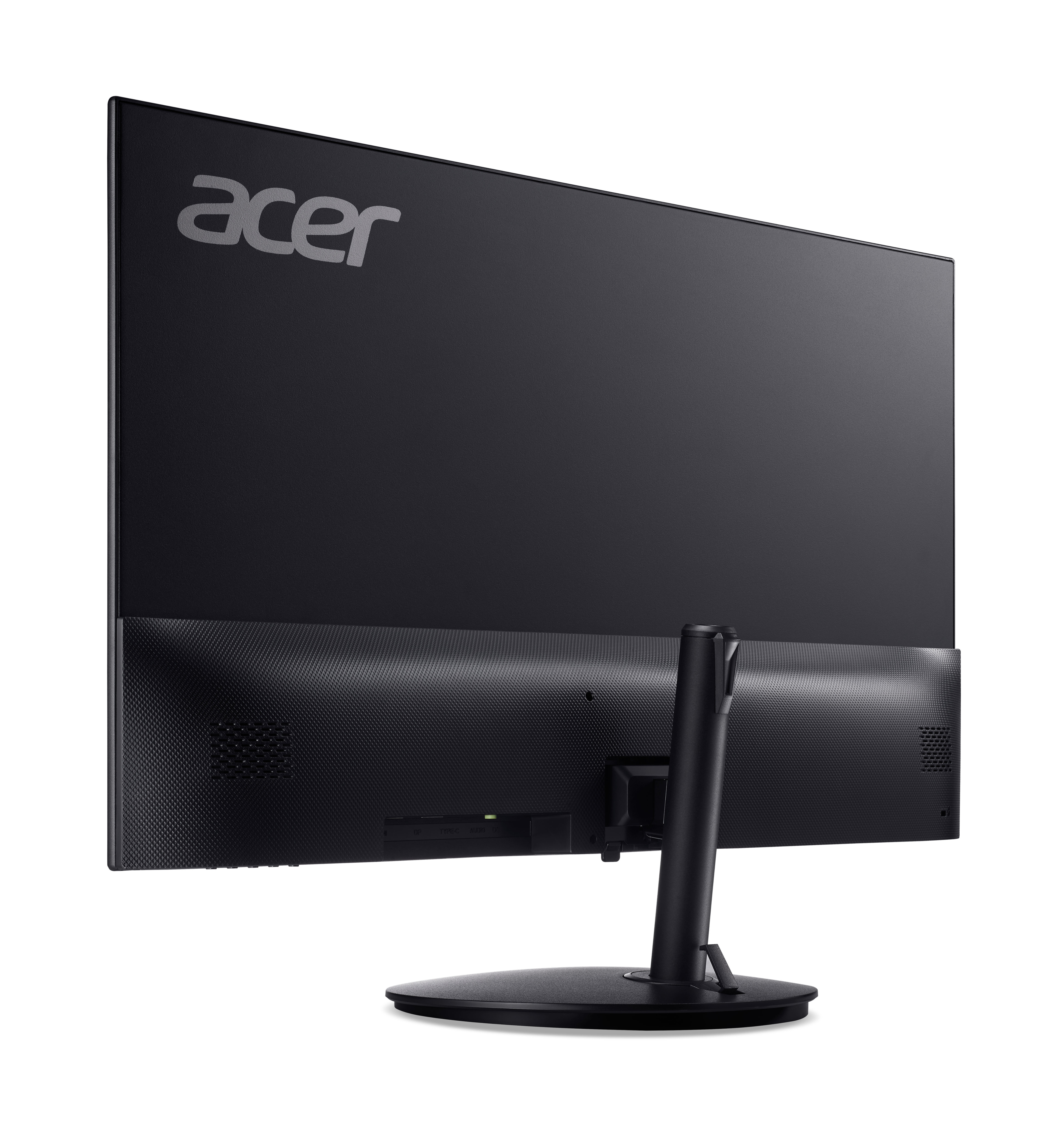 Achteraanzicht van een zwarte Acer monitor op een witte achtergrond, met het Acer logo.