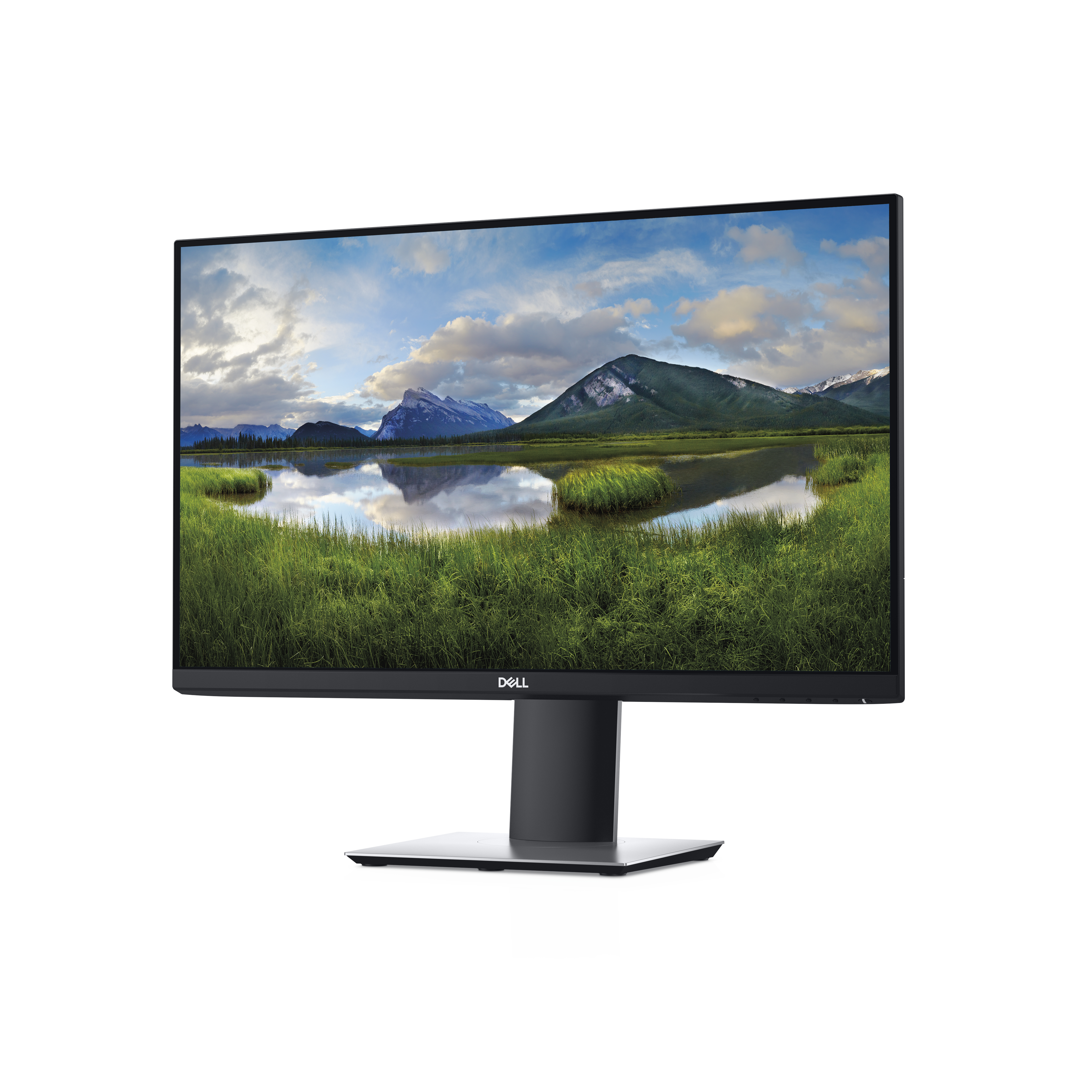Ein Monitor zeigt eine Landschaft mit Bergen und einem See. Das DELL-Logo befindet sich unten.