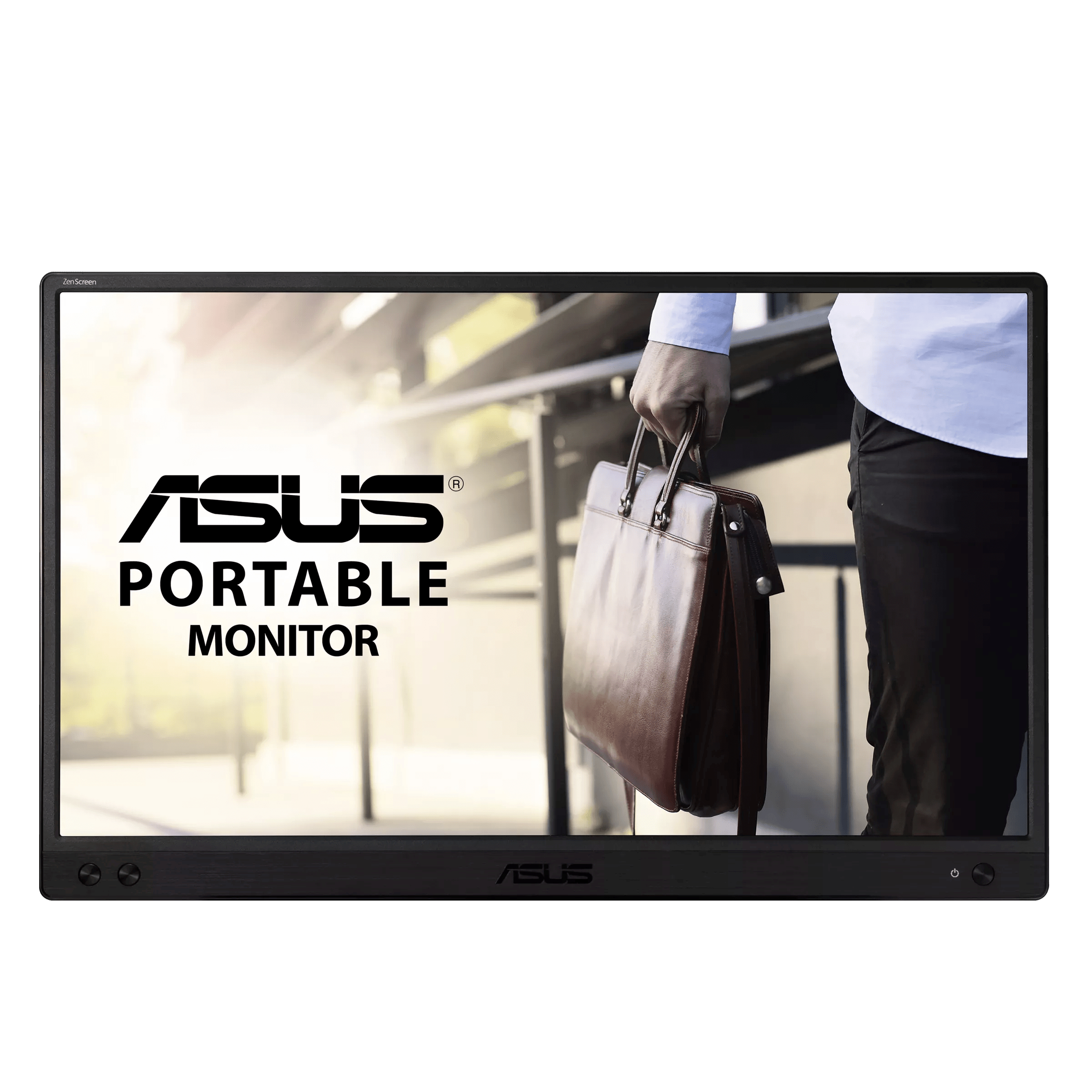 Een ASUS draagbare monitor op een tafel. Het scherm toont een persoon met een aktetas. De achtergrond is wazig.