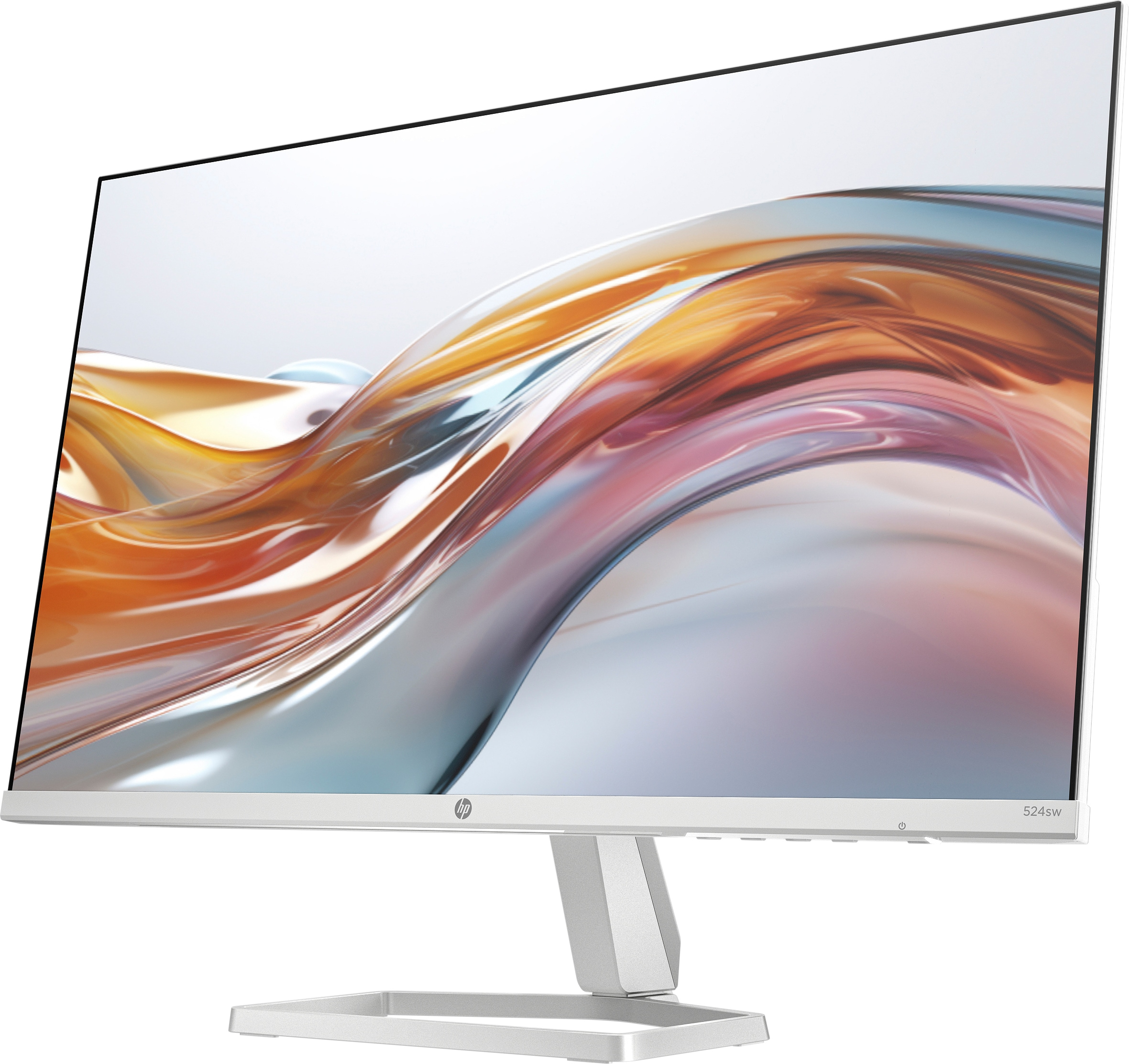 Un monitor HP argentato mostra uno sfondo astratto colorato con un supporto metallico.