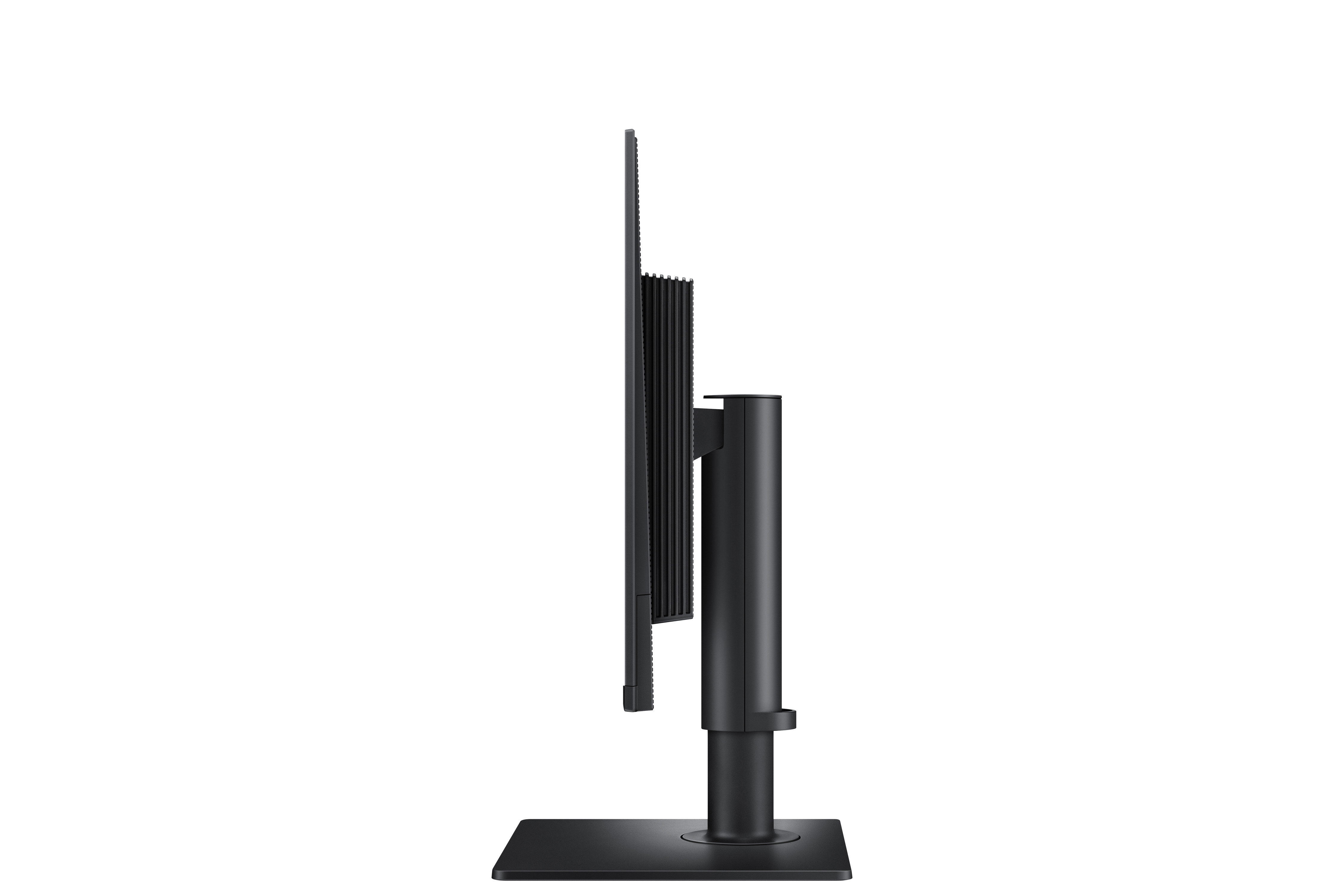 Widok z boku czarnego monitora. Monitor stoi na czarnym stojaku.