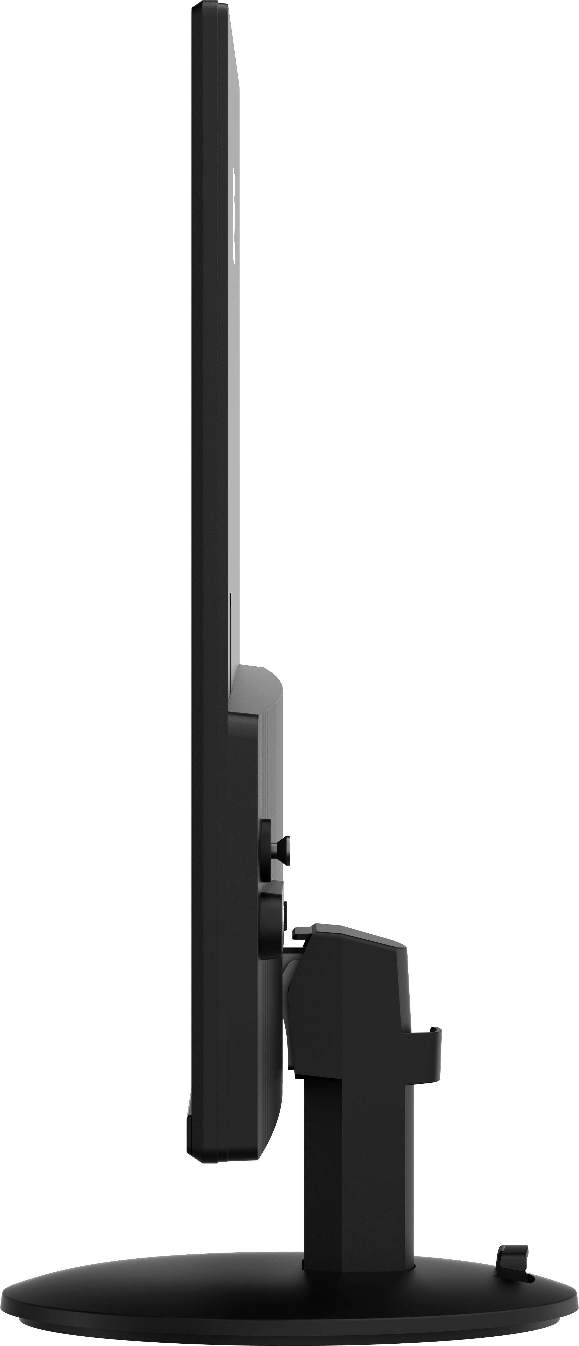 Widok z boku czarnego monitora komputerowego na czarnym stojaku.