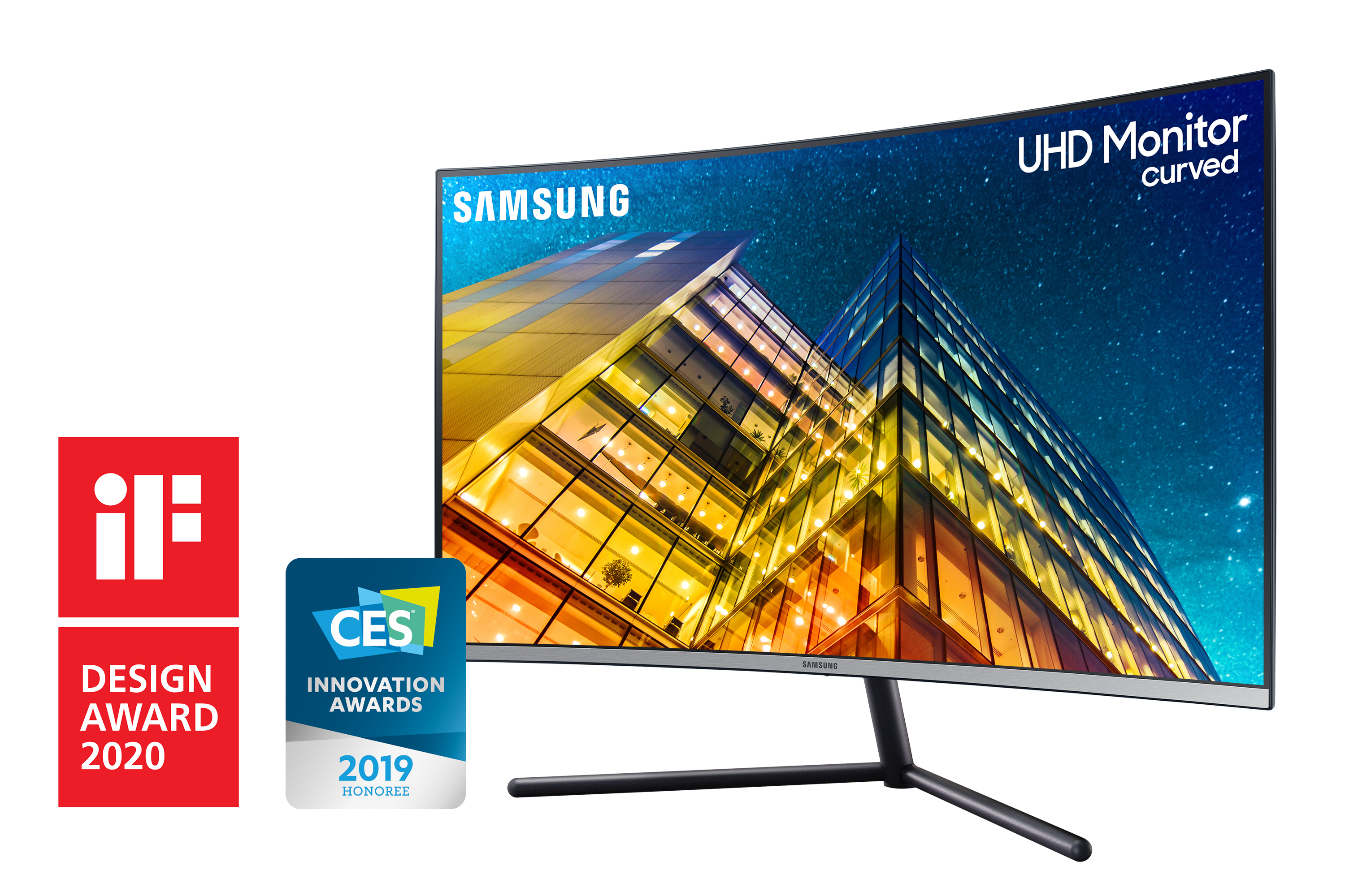 Monitor Samsung curvo con testo e due badge premio.