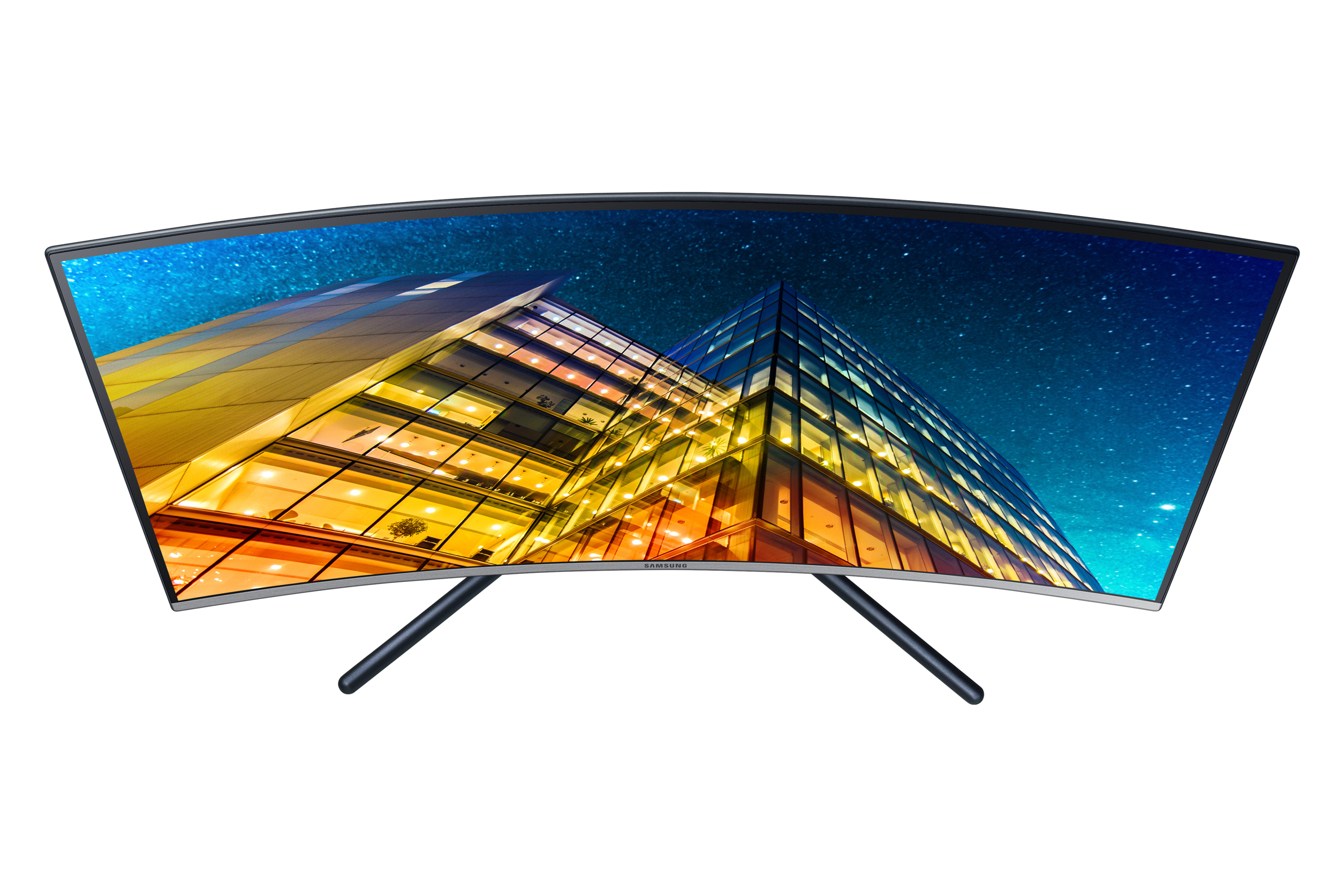 Monitor curvo con vista notturna della città. Supporto nero, sfondo bianco.