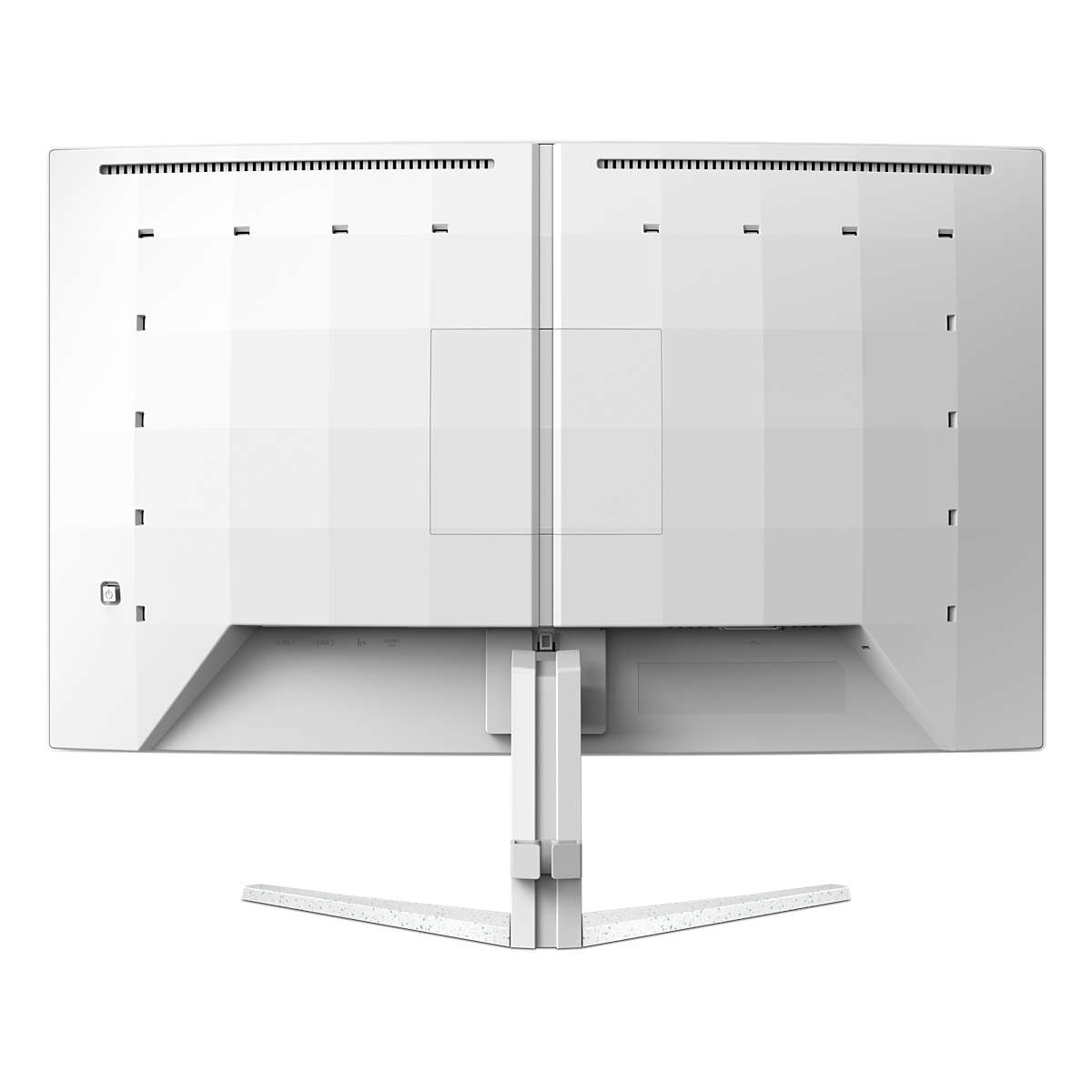 Widok z tyłu białego monitora ze stojakiem. Ma prostokątny kształt i kilka portów.