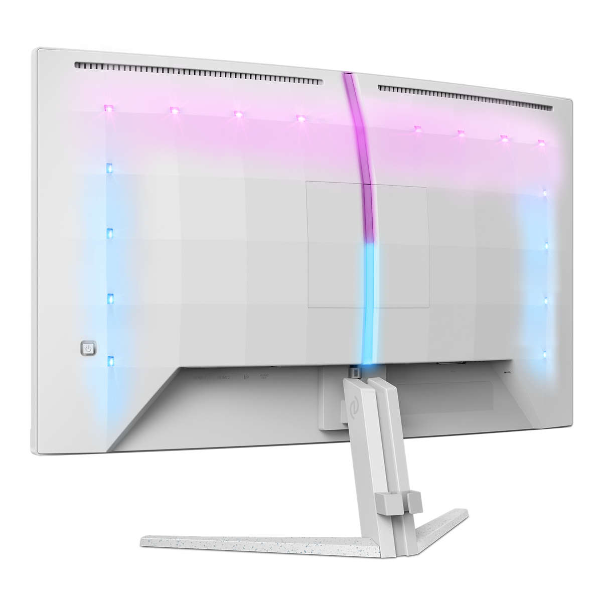 Tył białego monitora z oświetleniem RGB. Biały stojak i podstawa.
