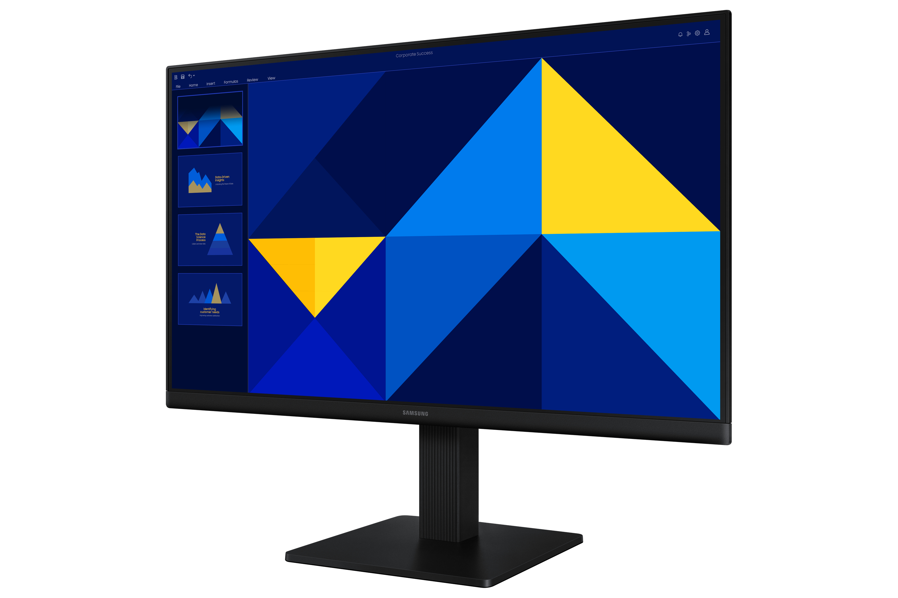 Monitor Samsung wyświetlający prezentację z niebieskimi i żółtymi geometrycznymi kształtami.