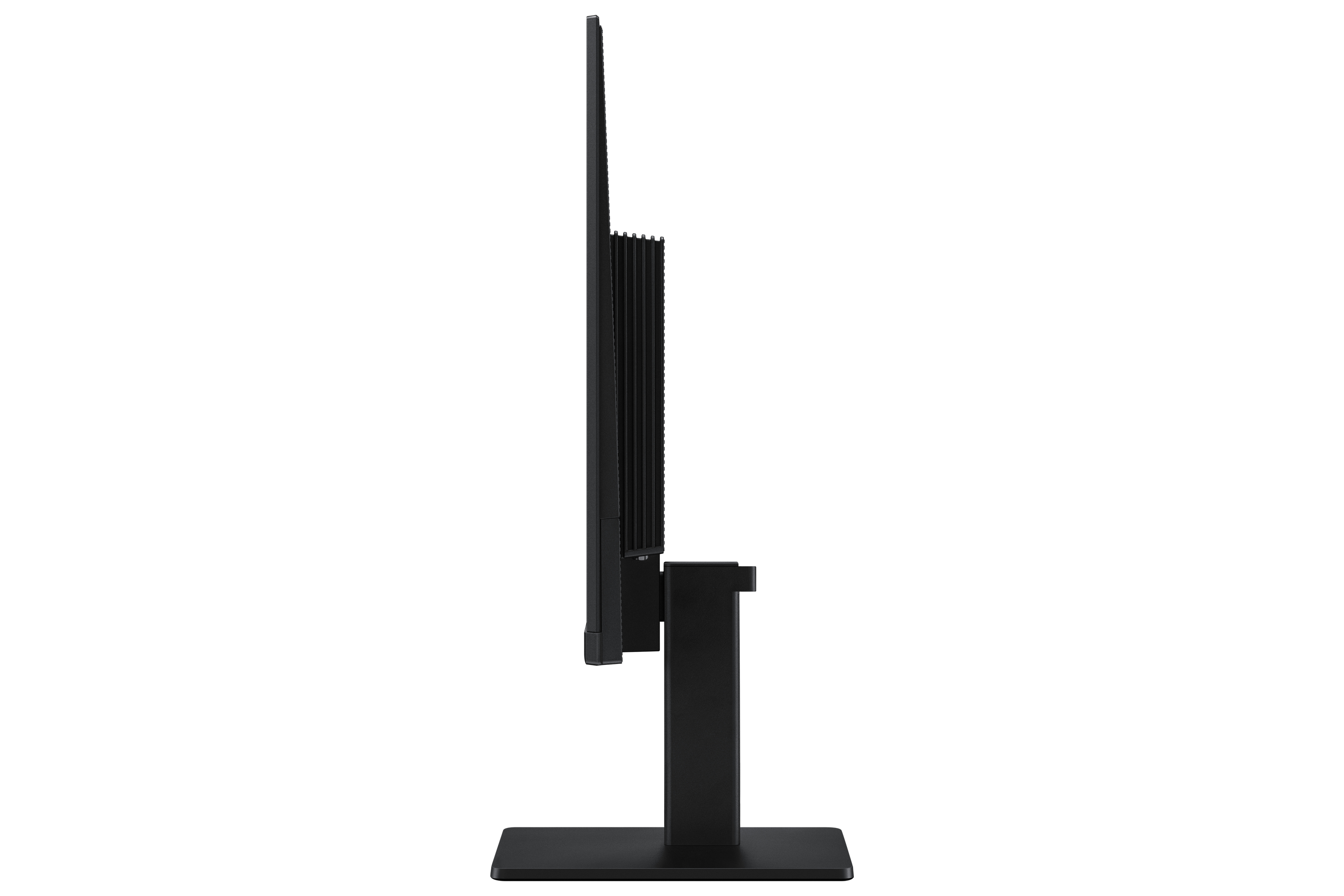 Czarny widok z boku monitora ze stojakiem. Ekran po prawej stronie.