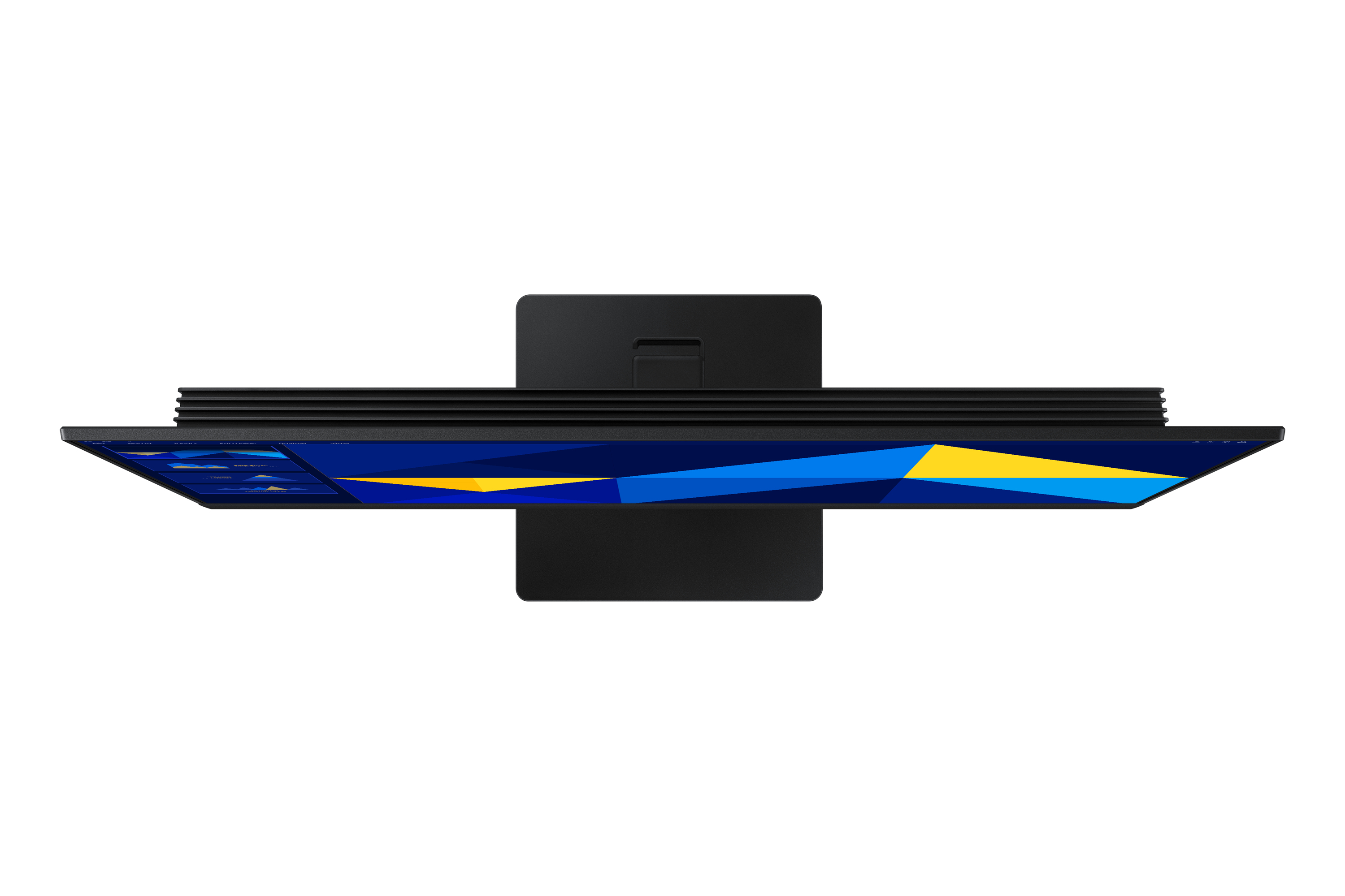 Widok z góry monitora wyświetlającego kolorowy geometryczny wzór i czarną ramkę.