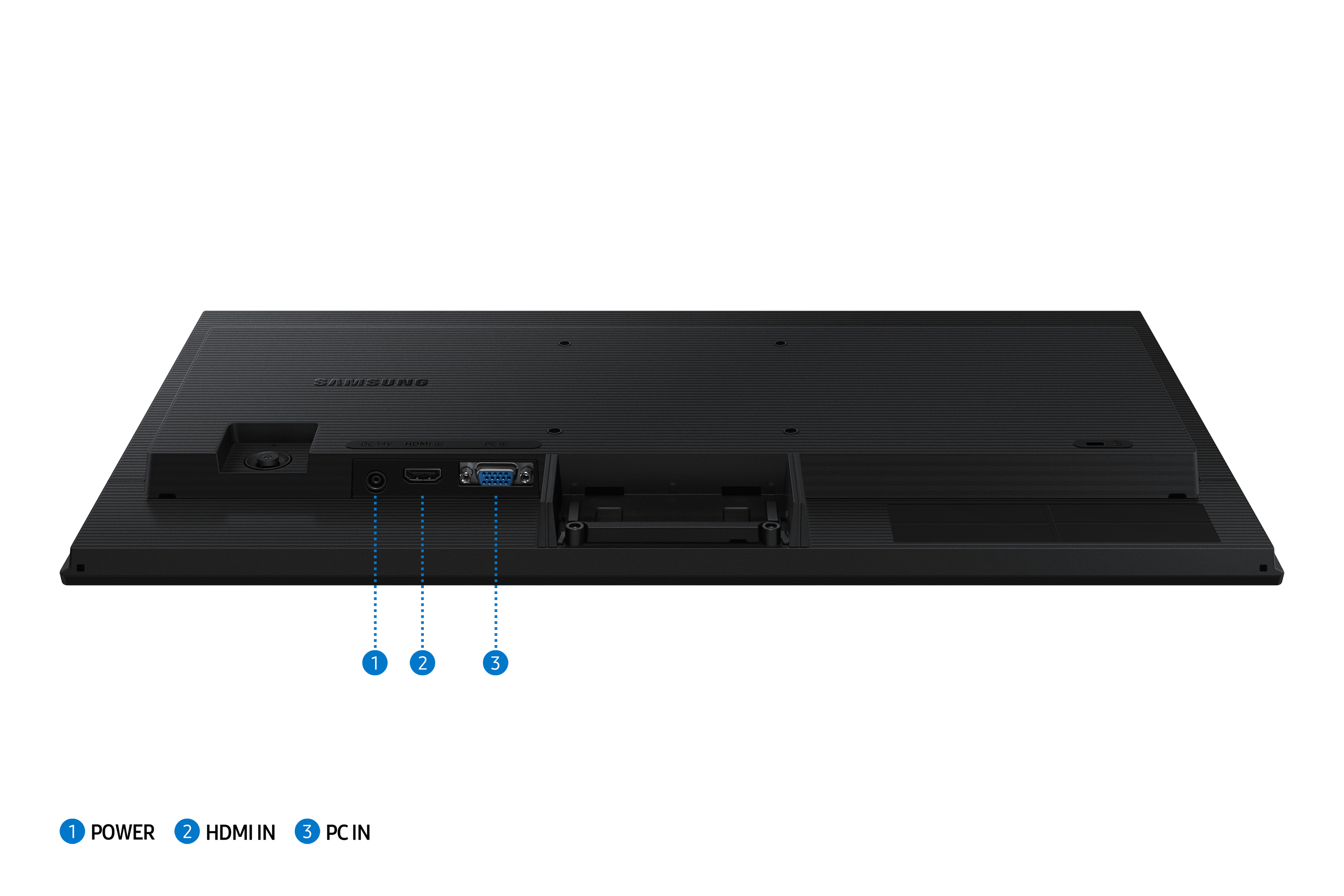 Tył czarnego monitora Samsung z portami: zasilanie, wejście HDMI i wejście PC.