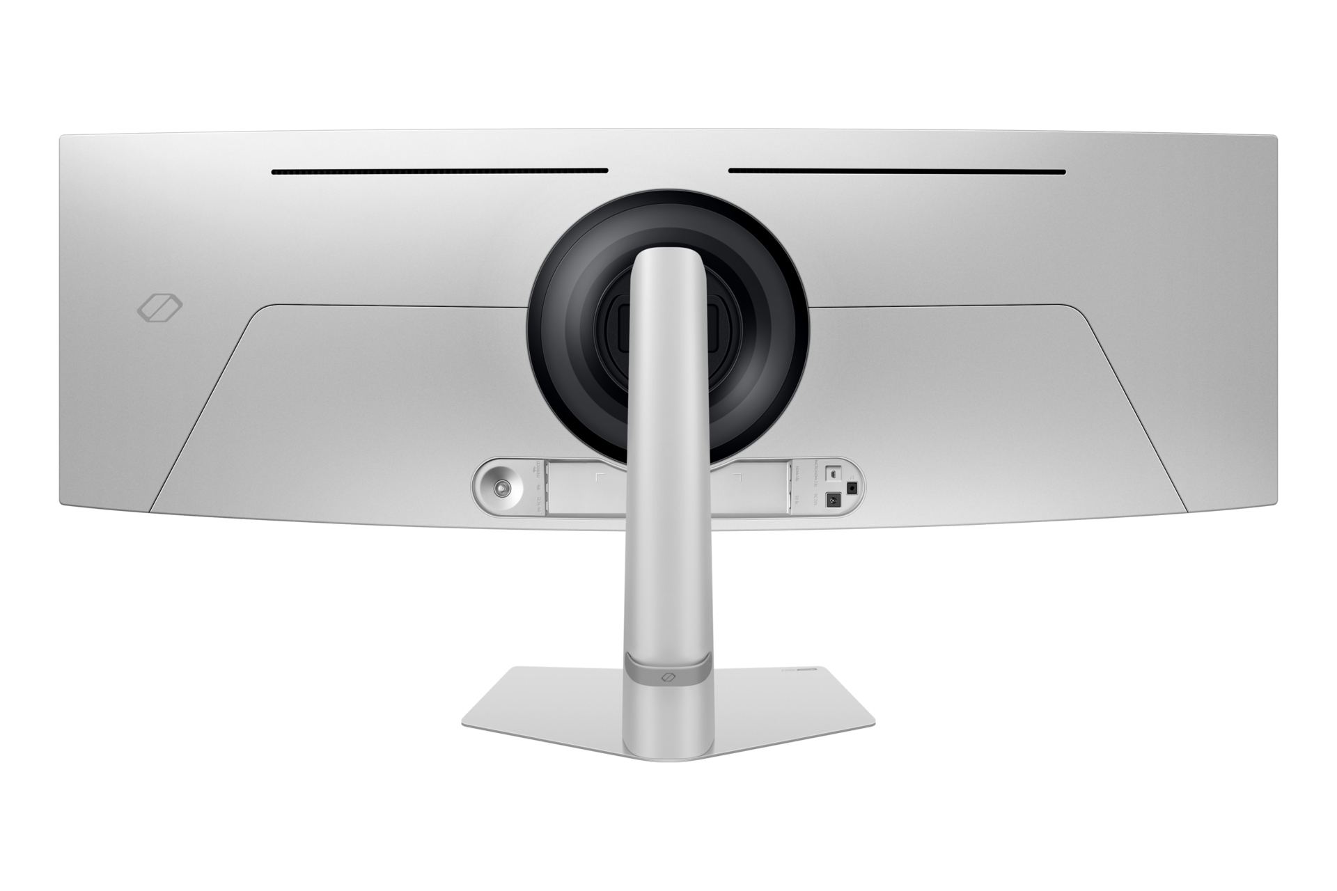 Vista posteriore di un monitor argentato con supporto rotondo e porta.