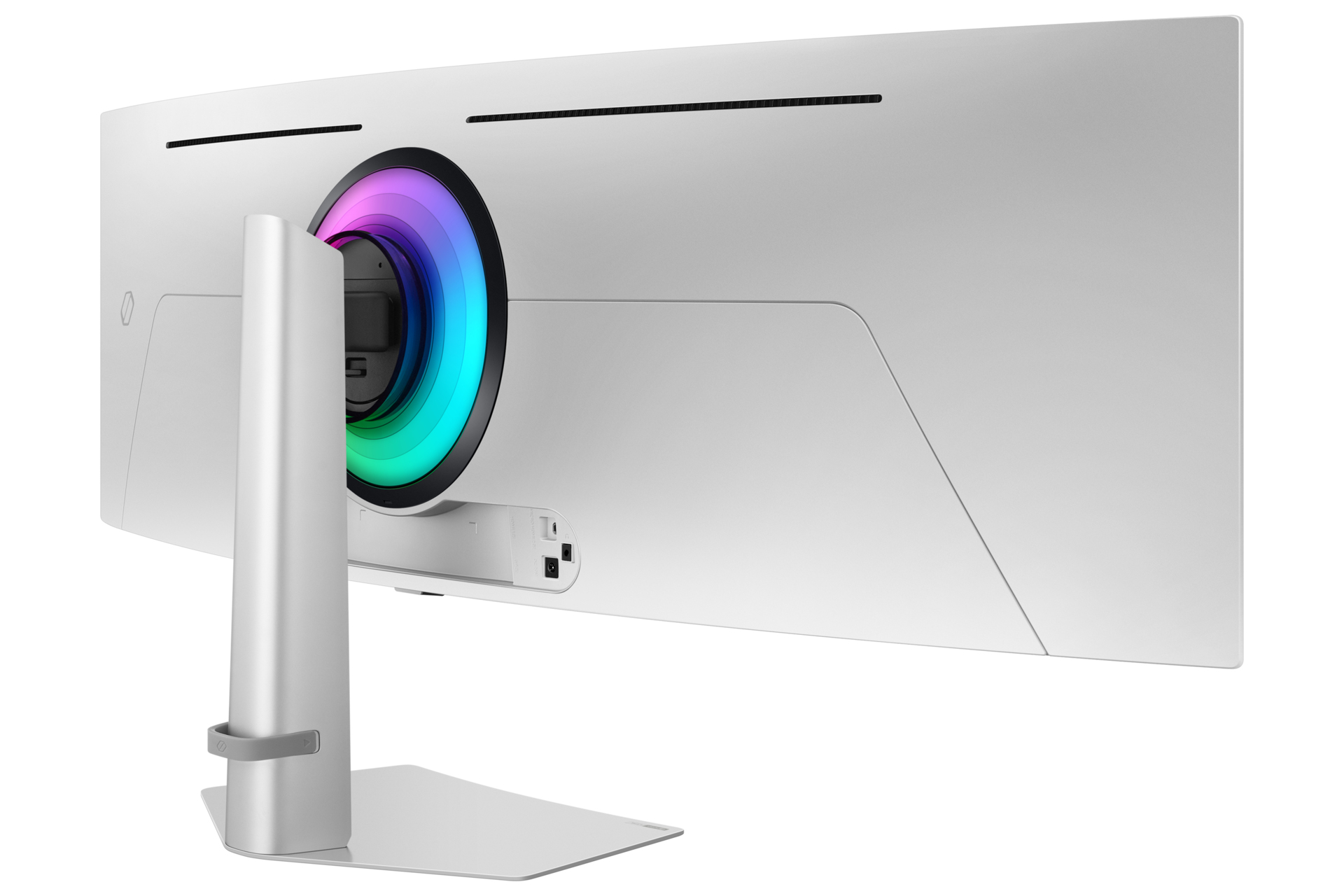 Vista posteriore di un monitor bianco curvo, con luce arcobaleno e supporto argento.