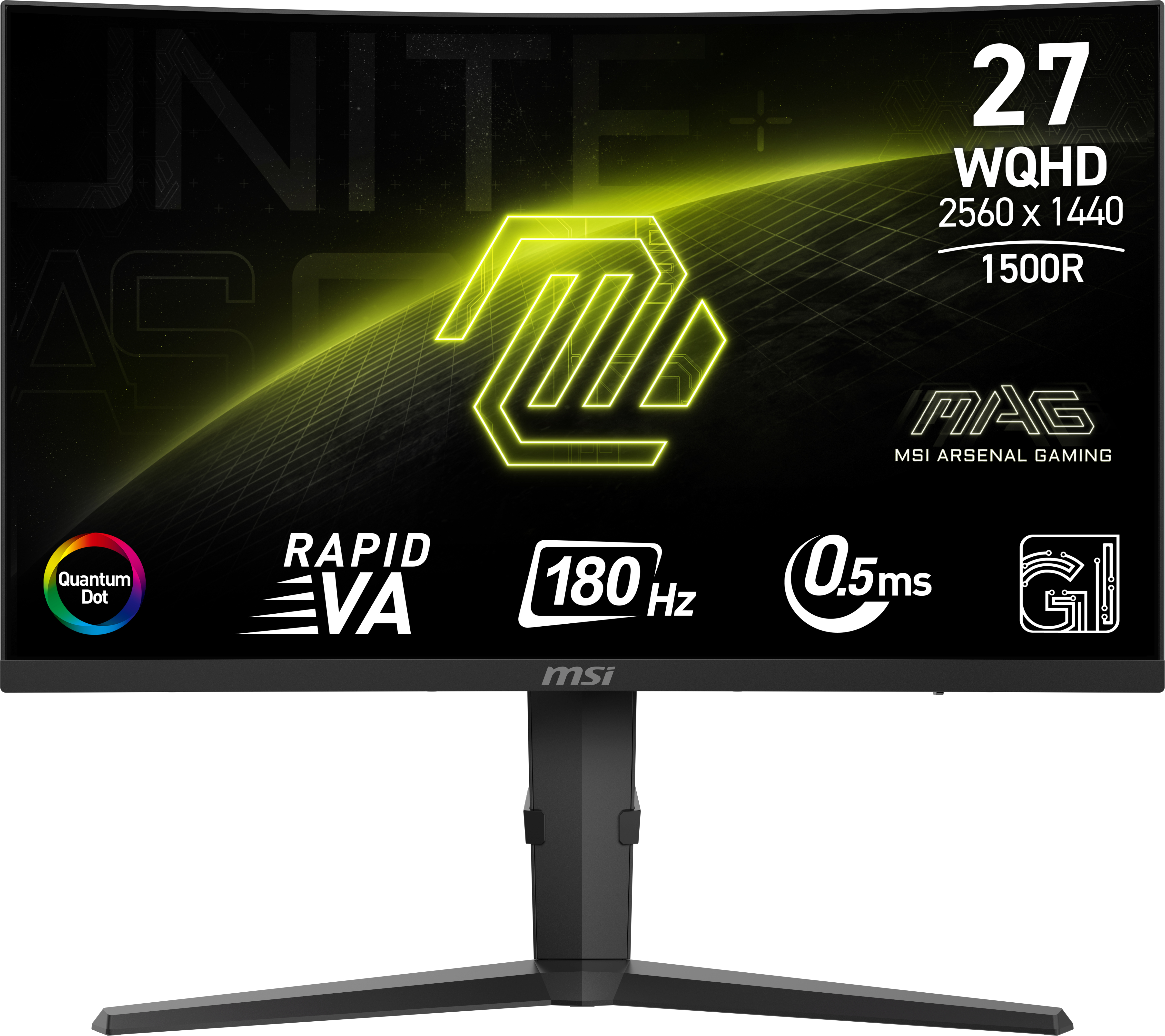 Monitor MSI, soporte negro, pantalla curva, con las palabras '27 WQHD 2560 x 1440 1500R'.