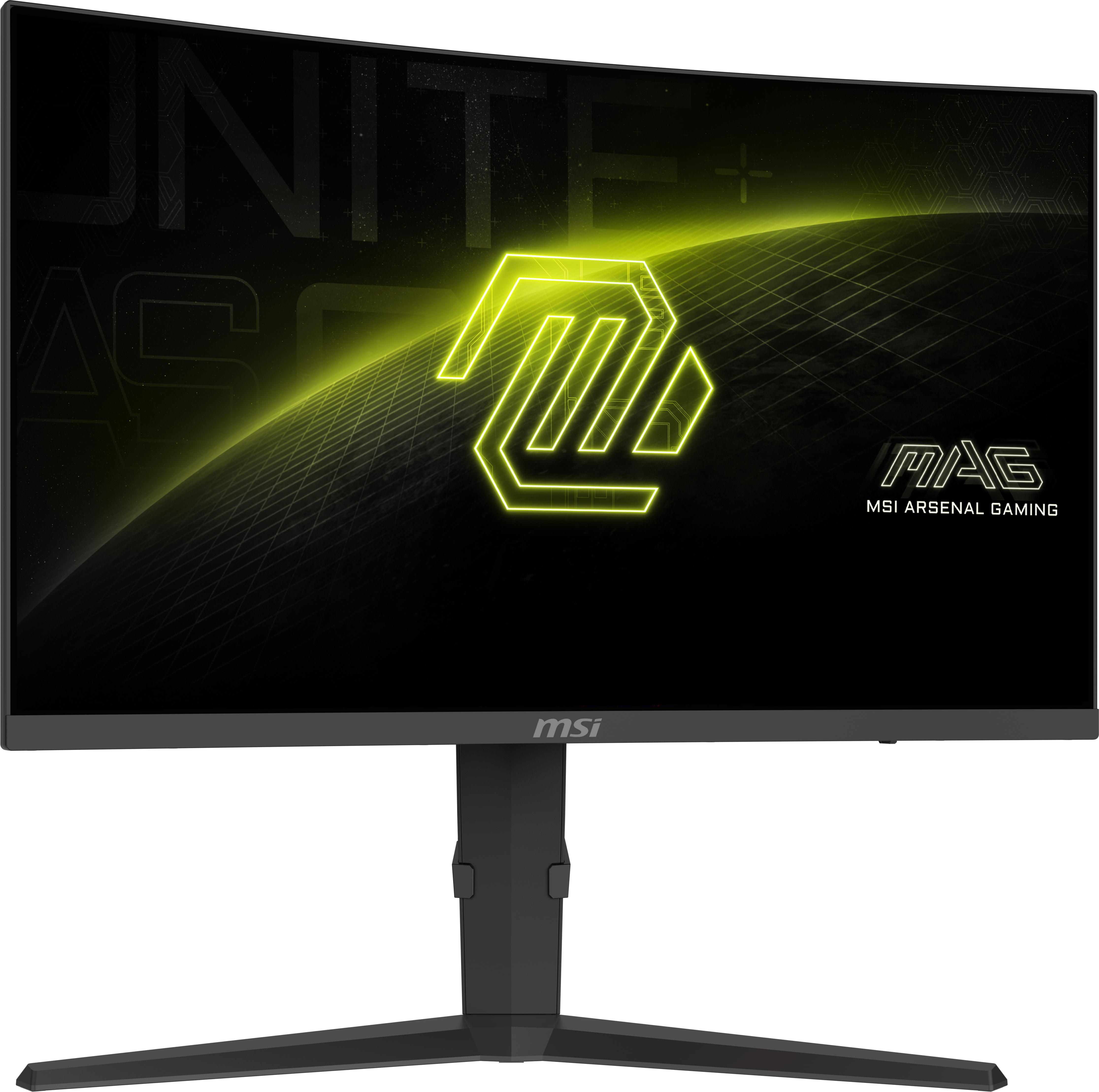 Monitor curvo MSI MAG para juegos mostrando un logotipo sobre fondo amarillo y negro.