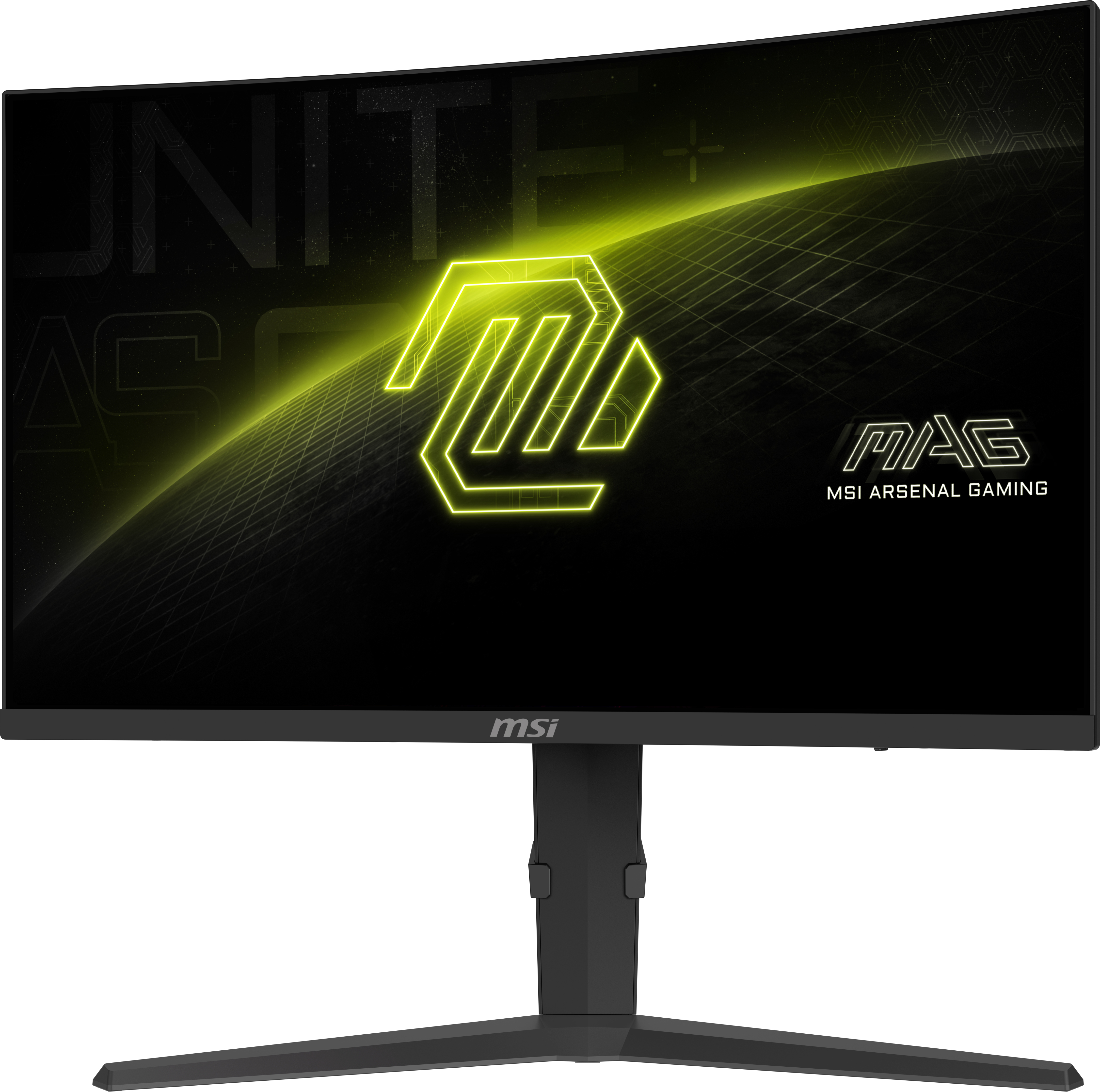 Monitor MSI mostrando una pantalla curva para juegos. Logotipo y texto amarillos sobre fondo negro.