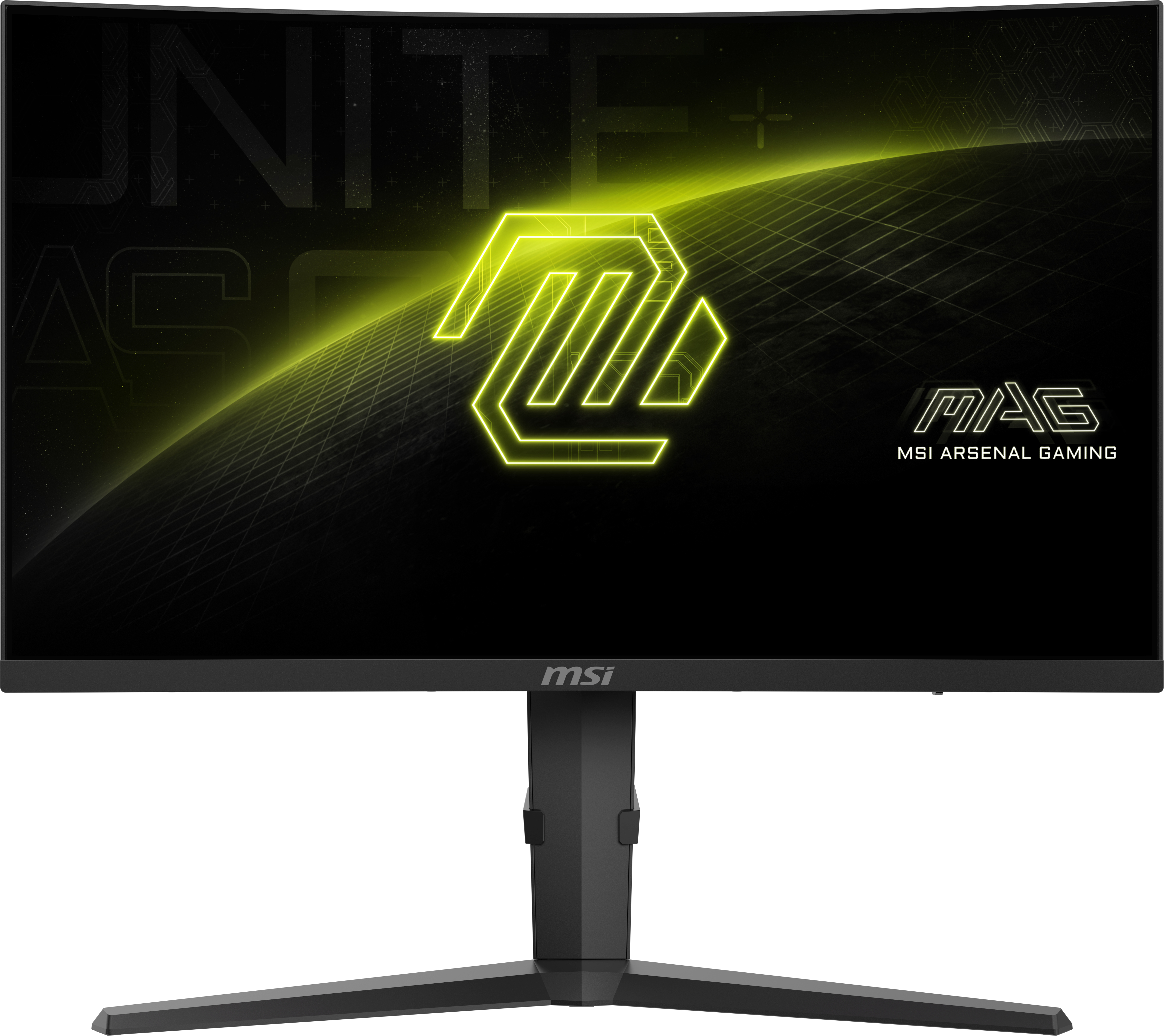 Un monitor gaming curvo MSI con marco negro. La pantalla muestra un logotipo y las palabras MSI Arsenal Gaming.