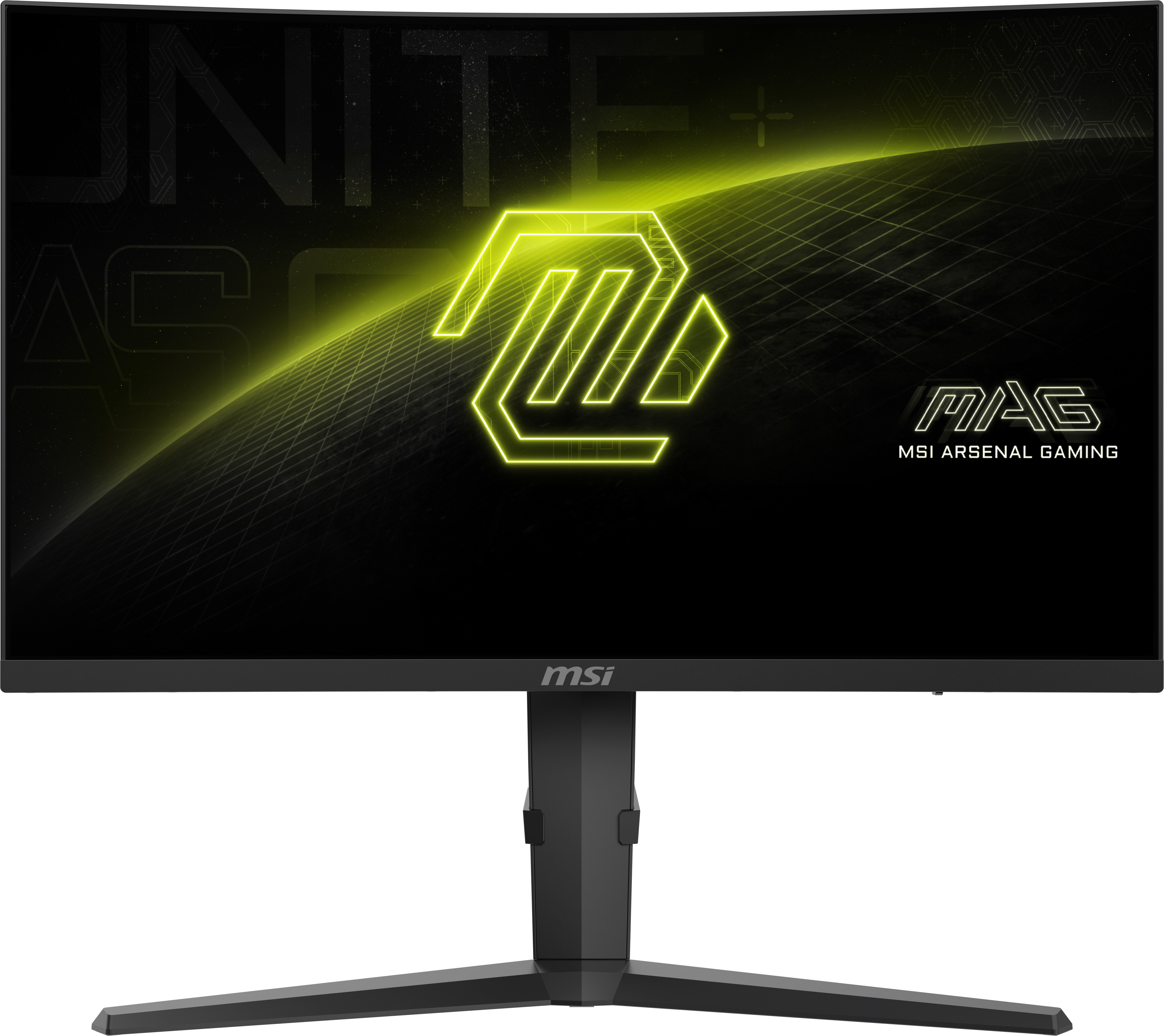 Monitor gaming MSI con pantalla curva. Muestra un logo y tiene tema negro y verde.