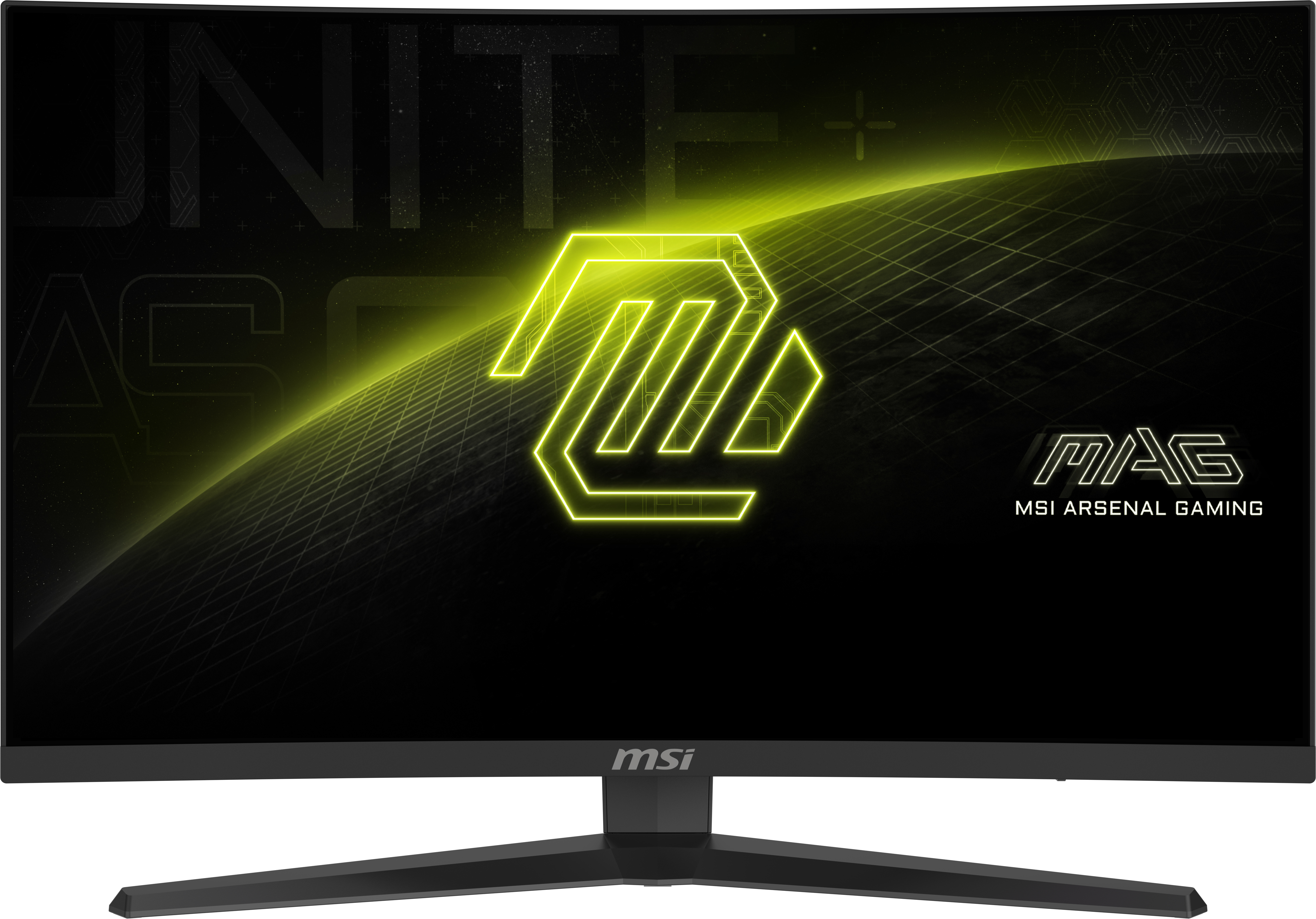 Monitor curvo MSI negro con logo gaming amarillo sobre fondo oscuro.