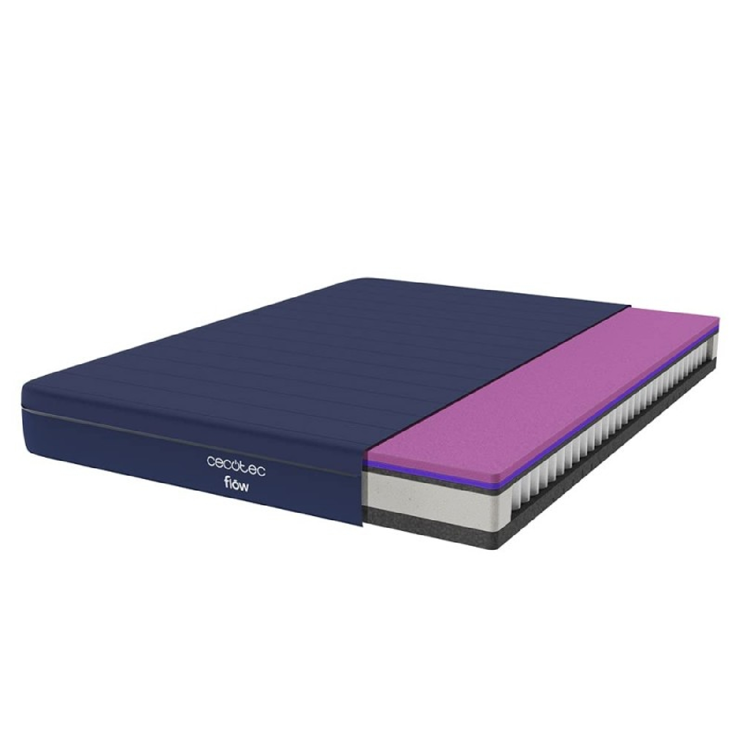 Colchón azul y morado, cortado parcialmente para mostrar capas, con el logo 'cecotec flow'.