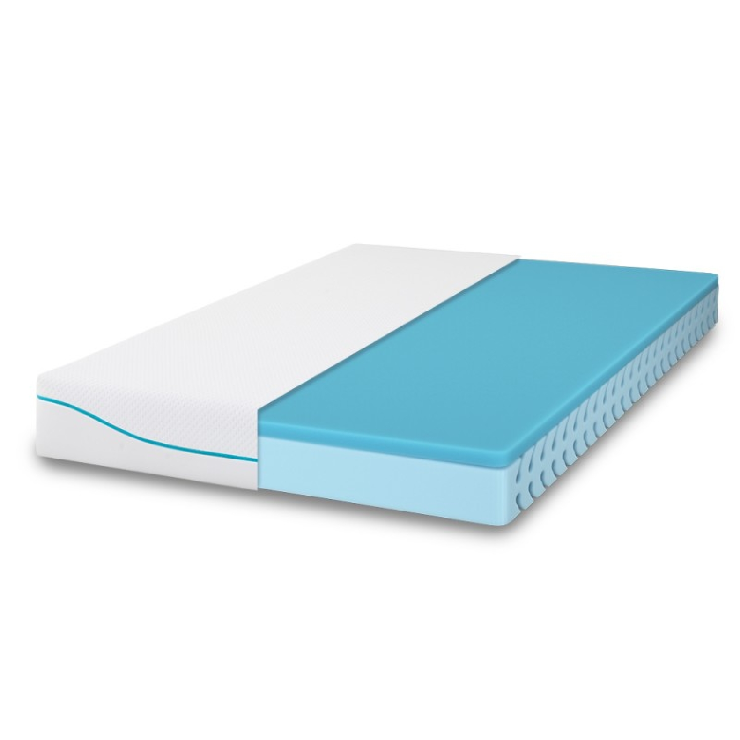 Un materasso sezionato a metà, che rivela uno strato di schiuma blu sotto il tessuto bianco. Il lato ha finiture blu.