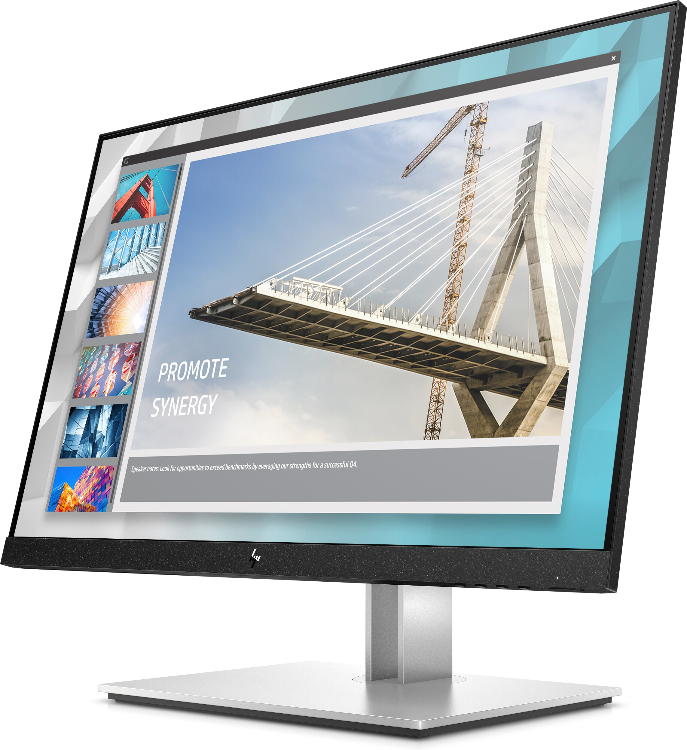 HP-Monitor zeigt Präsentation über eine Brücke. Silberner Fuß, schwarzer Rahmen, weißer Hintergrund.