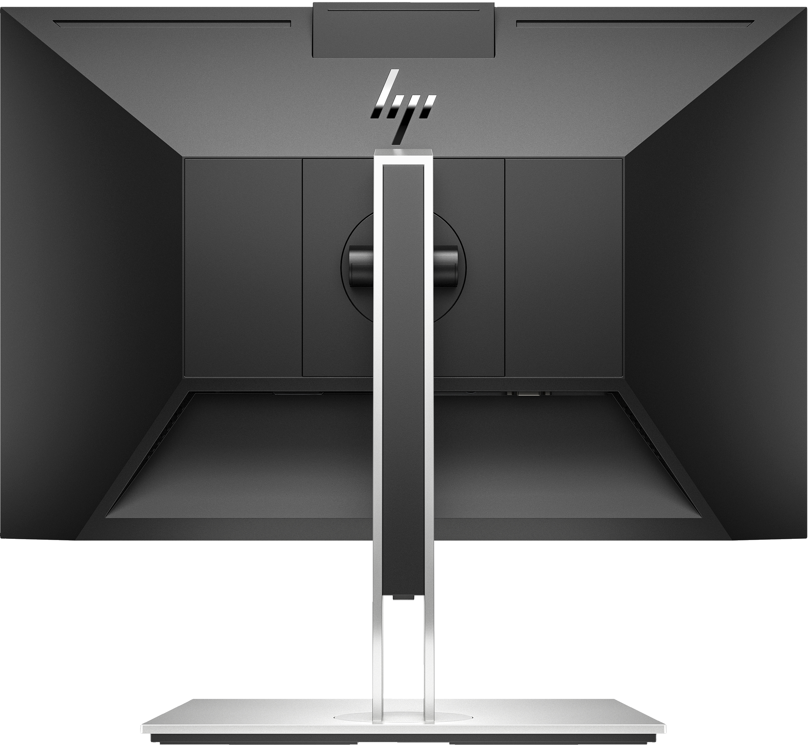 Rear view of a black and silver HP monitor with a stand and the HP logo.