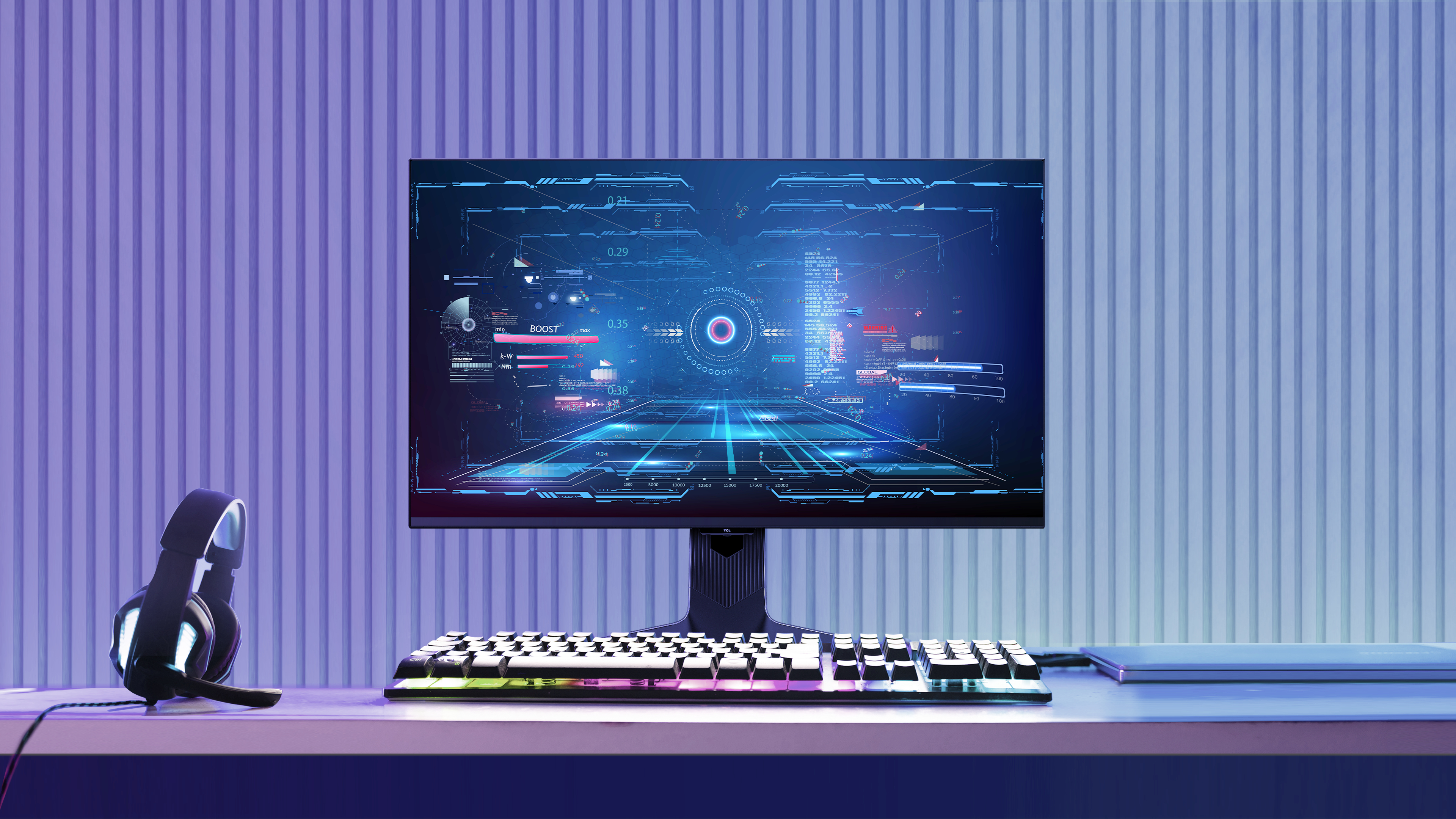 Konfiguracja do gier z monitorem wyświetlającym dane, podświetlaną klawiaturą i zestawem słuchawkowym na biurku.