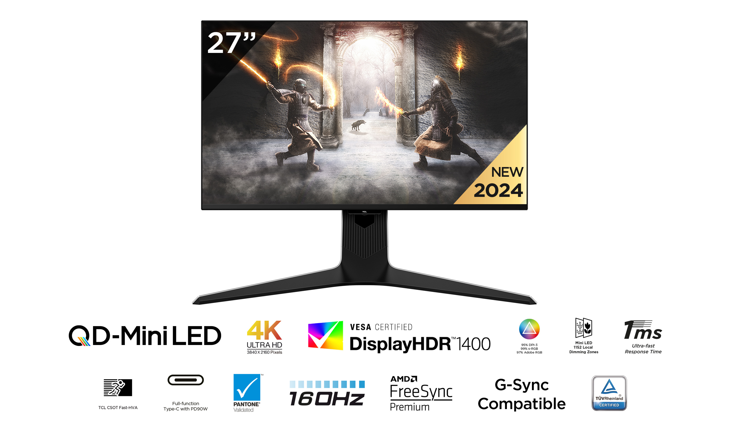 27-calowy monitor pokazuje wojowników w akcji ze specyfikacjami: QD-Mini LED, 4K, 160Hz i G-Sync.